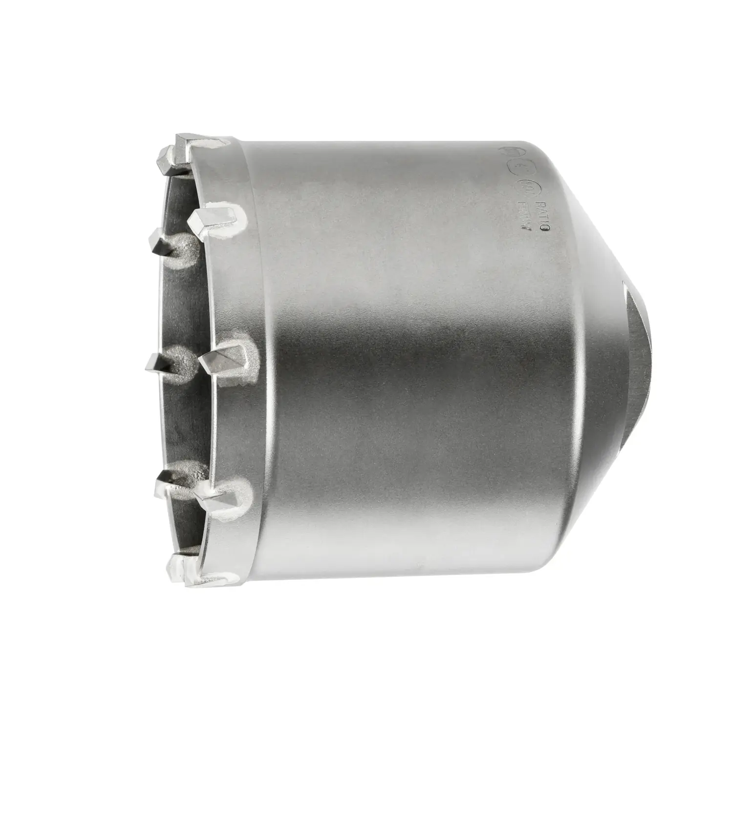 Broca de núcleo metálica DEWALT DT6765 con dientes de carburo, sobre fondo blanco.