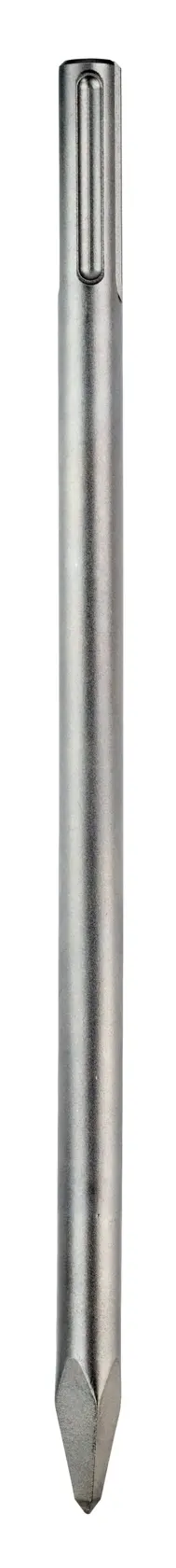 Une pointe de burin en acier avec embout de connexion SDS, adaptée à une utilisation avec des marteaux rotatifs pour des travaux de cassage et de burinage.