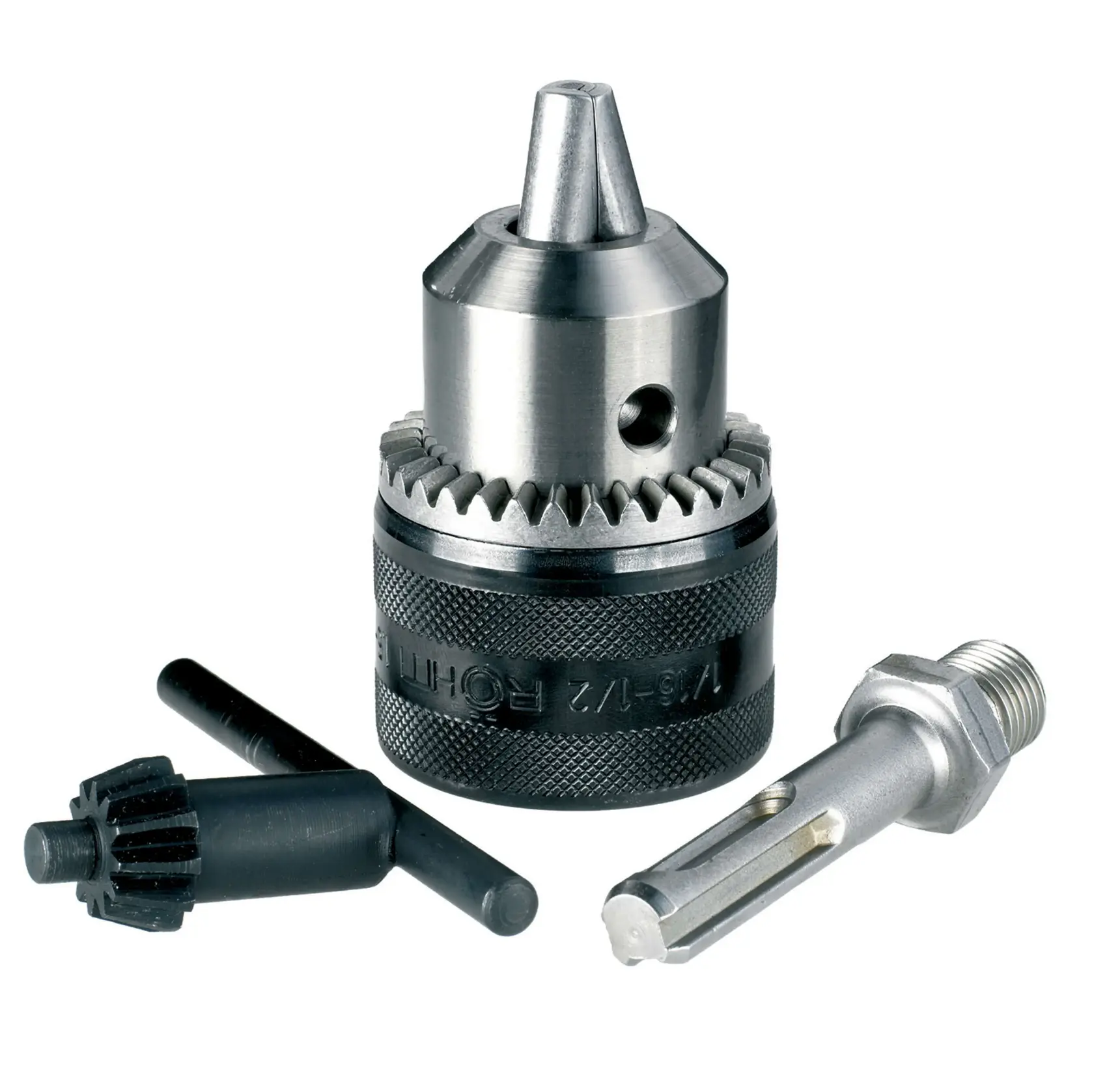 Un ensemble de mandrin de perceuse à clé en métal, comprenant un mandrin principal, une clé de mandrin et un adaptateur, posé sur un fond blanc.
