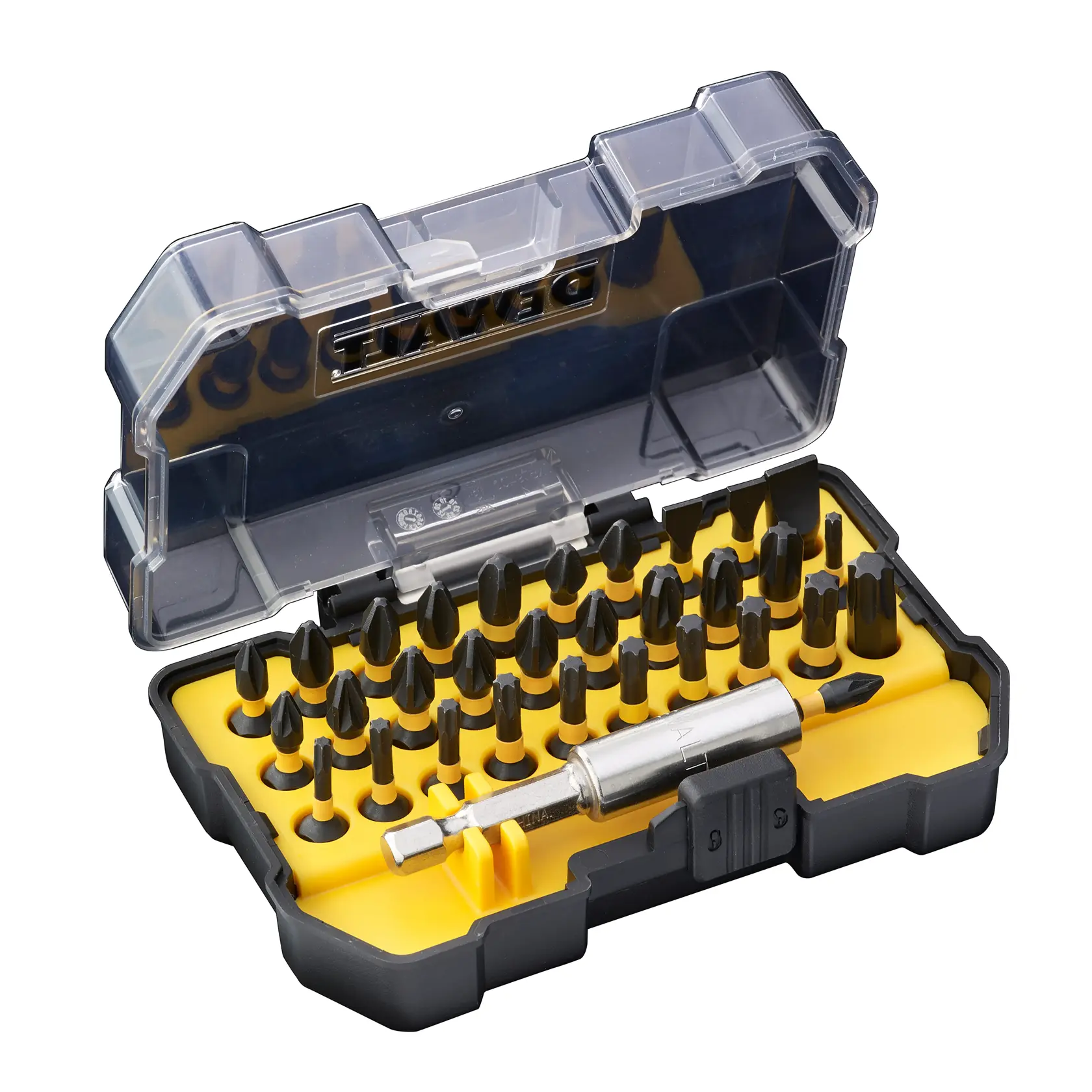 Ein gelbes und schwarzes Kunststoffetui von DEWALT enthält ein Set mit Schraubendreher-Bits, die in Reihen angeordnet sind, sowie einen Metall-Bithalter. Der transparente Deckel ist offen und zeigt den Inhalt.