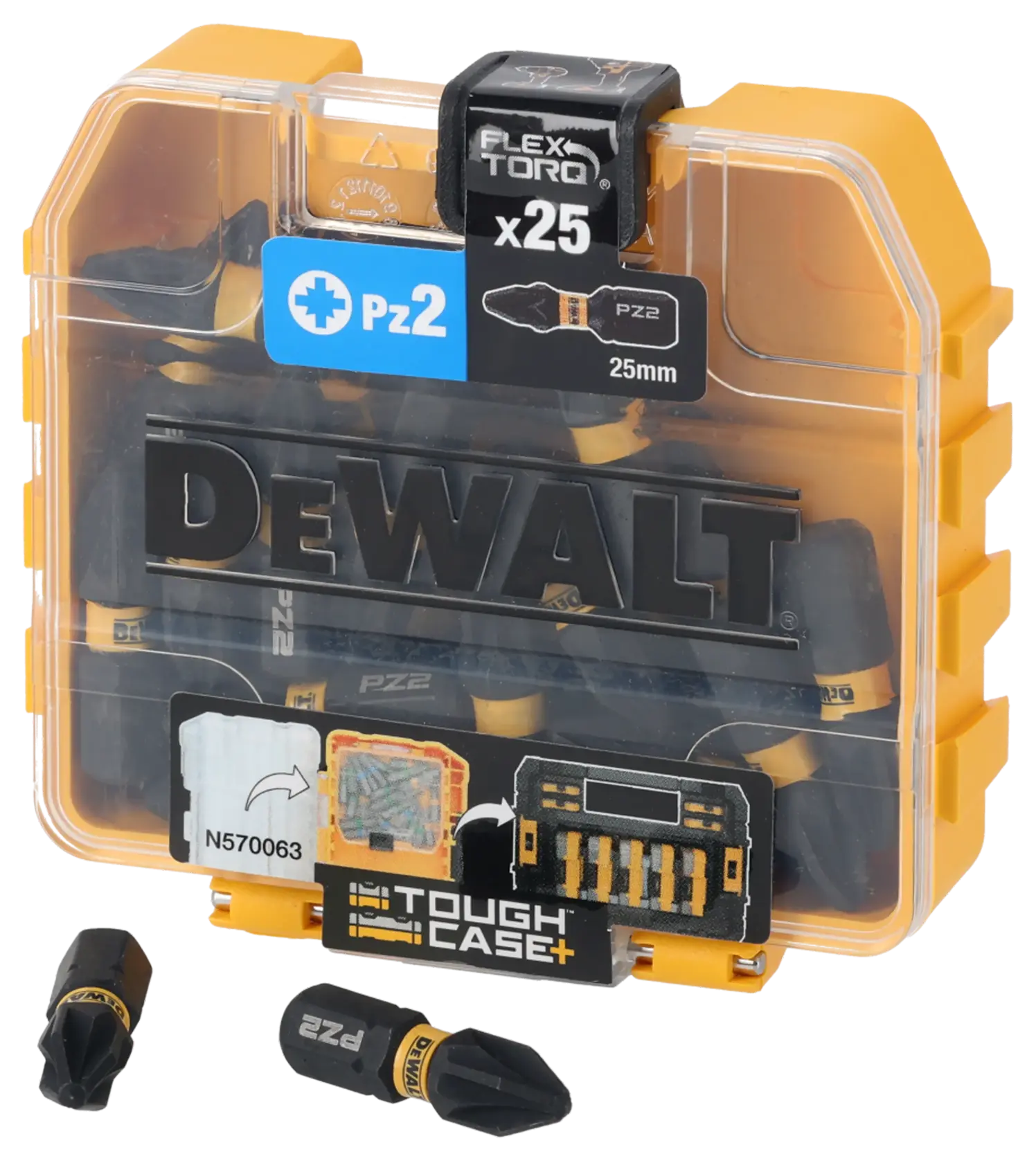 DEWALT DT70556T Tough Case mit 25 PZ2 25mm Schrauberbits, zwei Bits sind vor dem gelb-transparenten Kasten dargestellt.