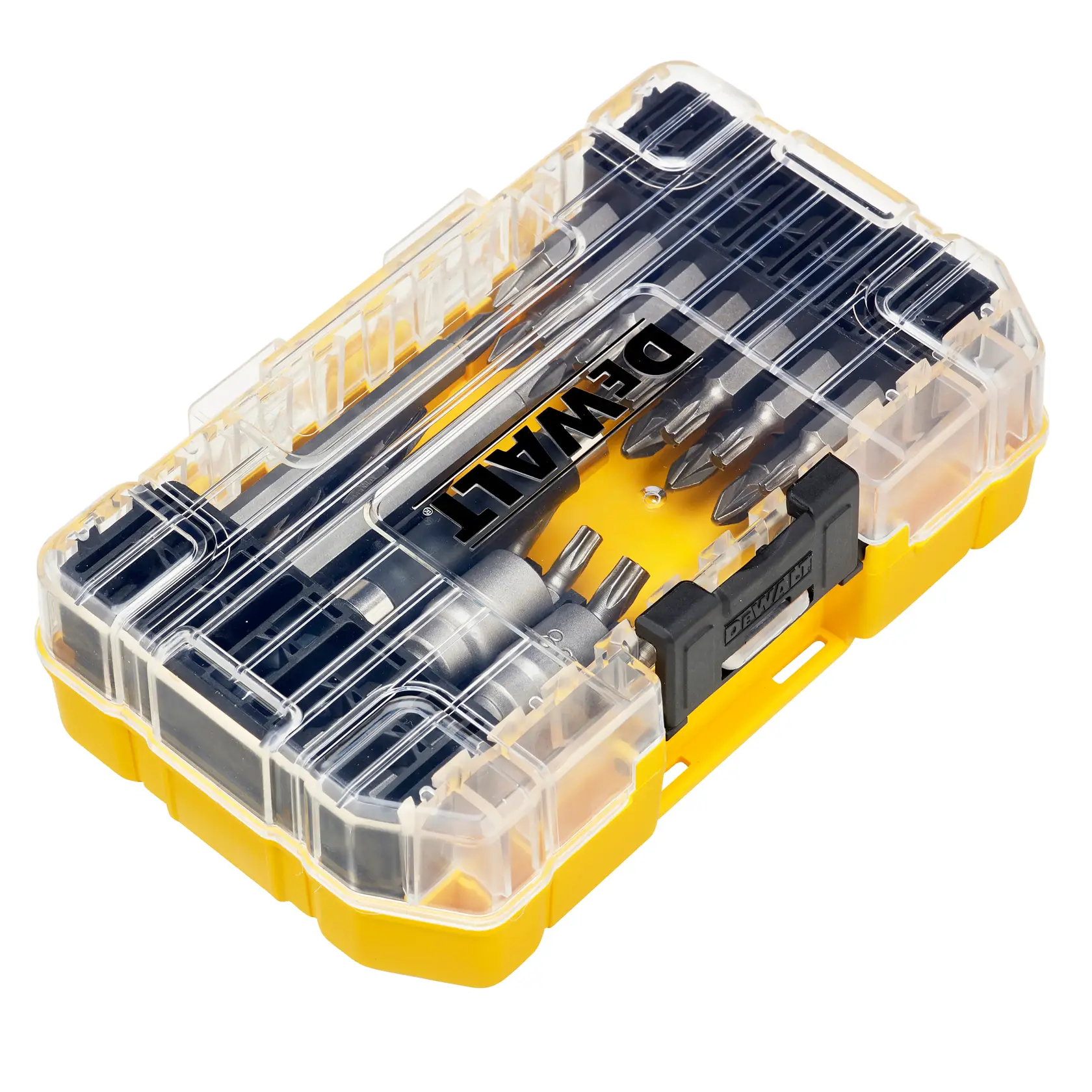 Juego de brocas DEWALT DT70702 en estuche amarillo y transparente con varios bits visibles.