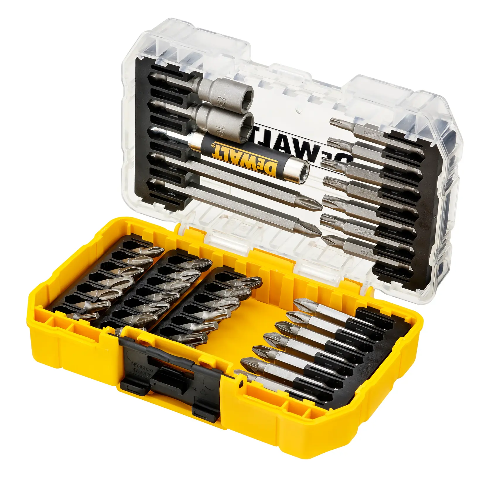Set de brocas y puntas DEWALT amarillo con tapa transparente abierta y puntas organizadas.