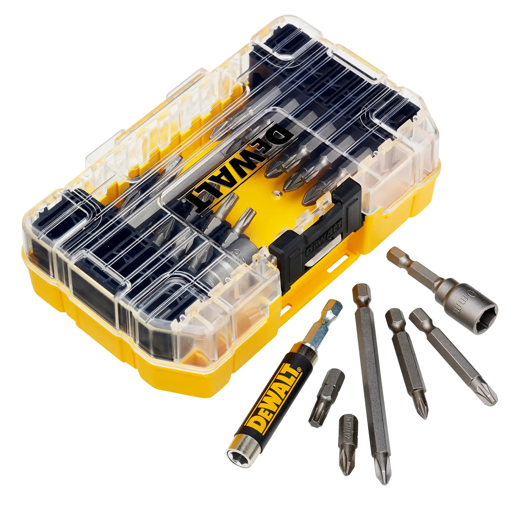 Juego de puntas DEWALT DT70702 en caja amarilla, con puntas y portapuntas fuera.