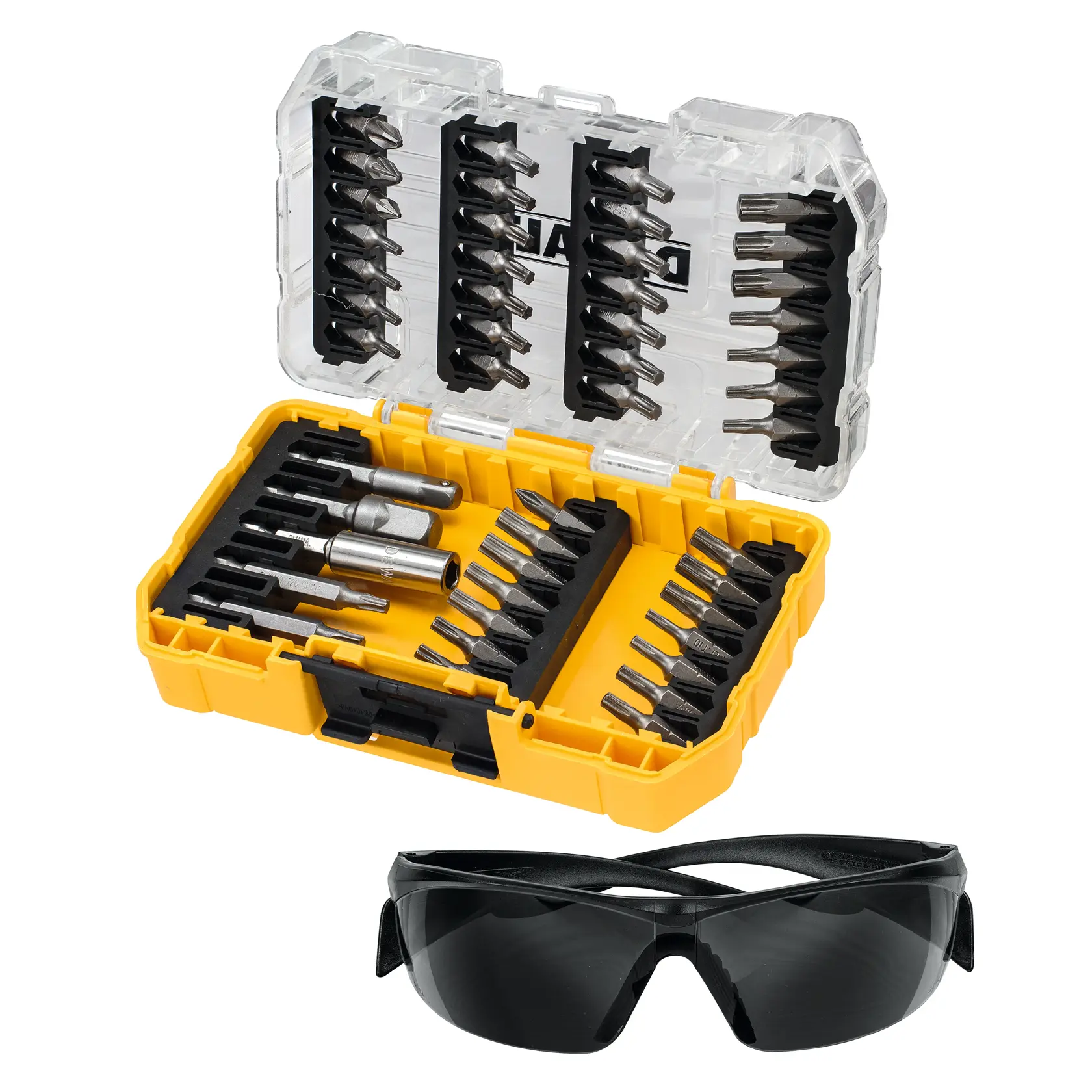 DEWALT-Bit-Set in gelber Box mit Klardeckel, darunter schwarze Schutzbrille.