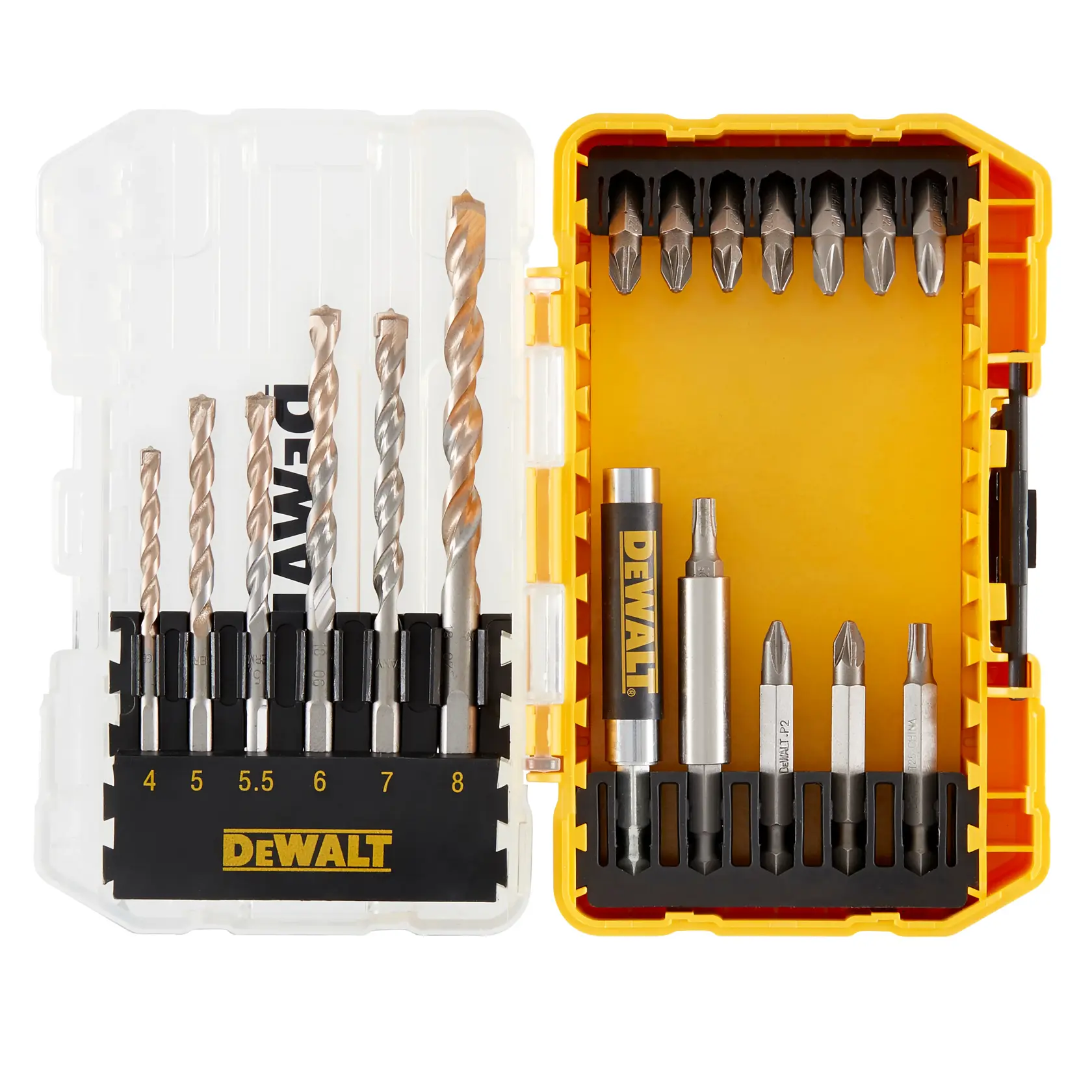 Set DEWALT DT70712 con brocas y puntas en estuche plástico amarillo.