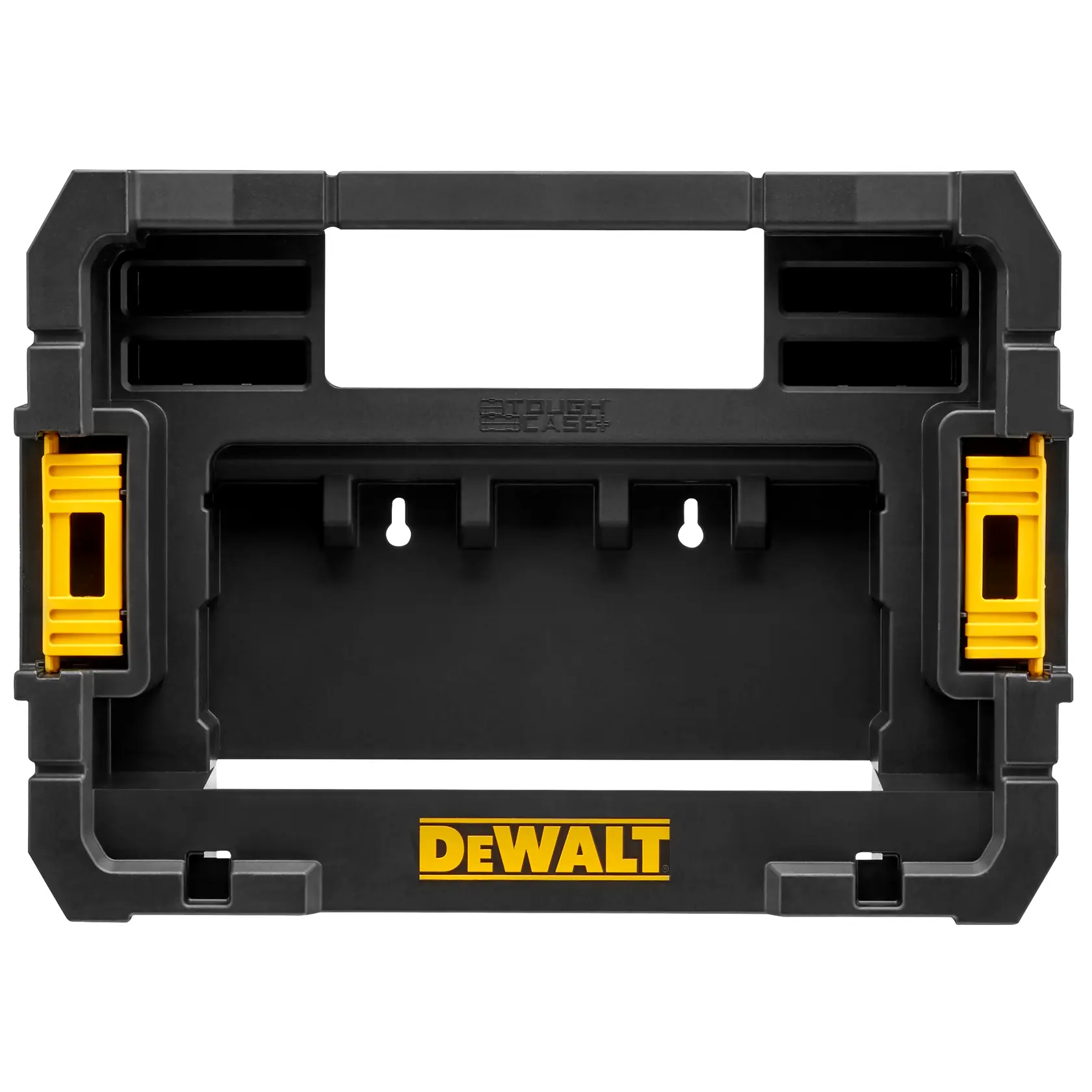 Soporte DEWALT Tough Case negro con detalles amarillos y logo DEWALT, vista frontal.