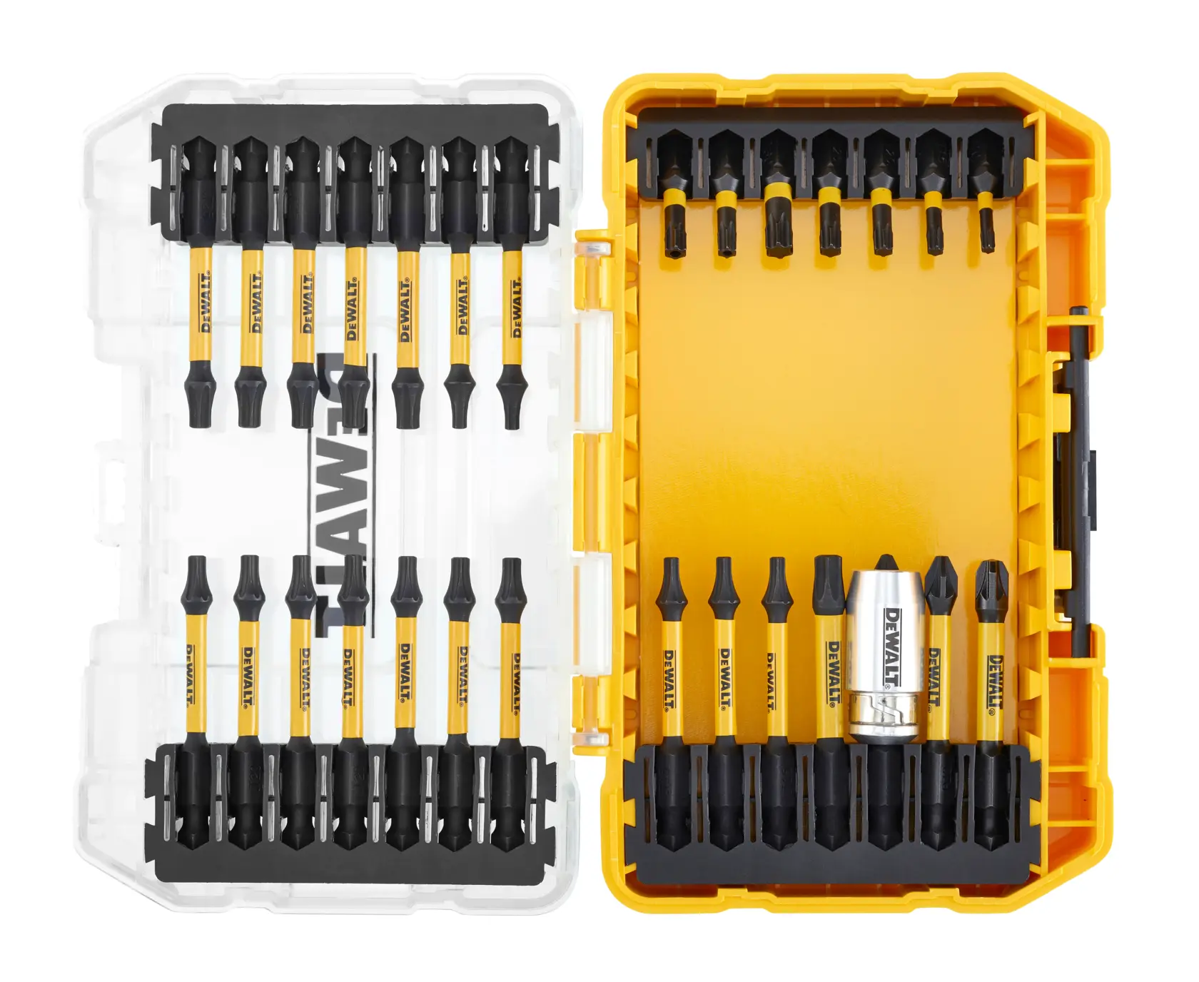 DEWALT DT70734T Bit-Set in gelber Box, mehrere Schrauberbits ordentlich angeordnet.