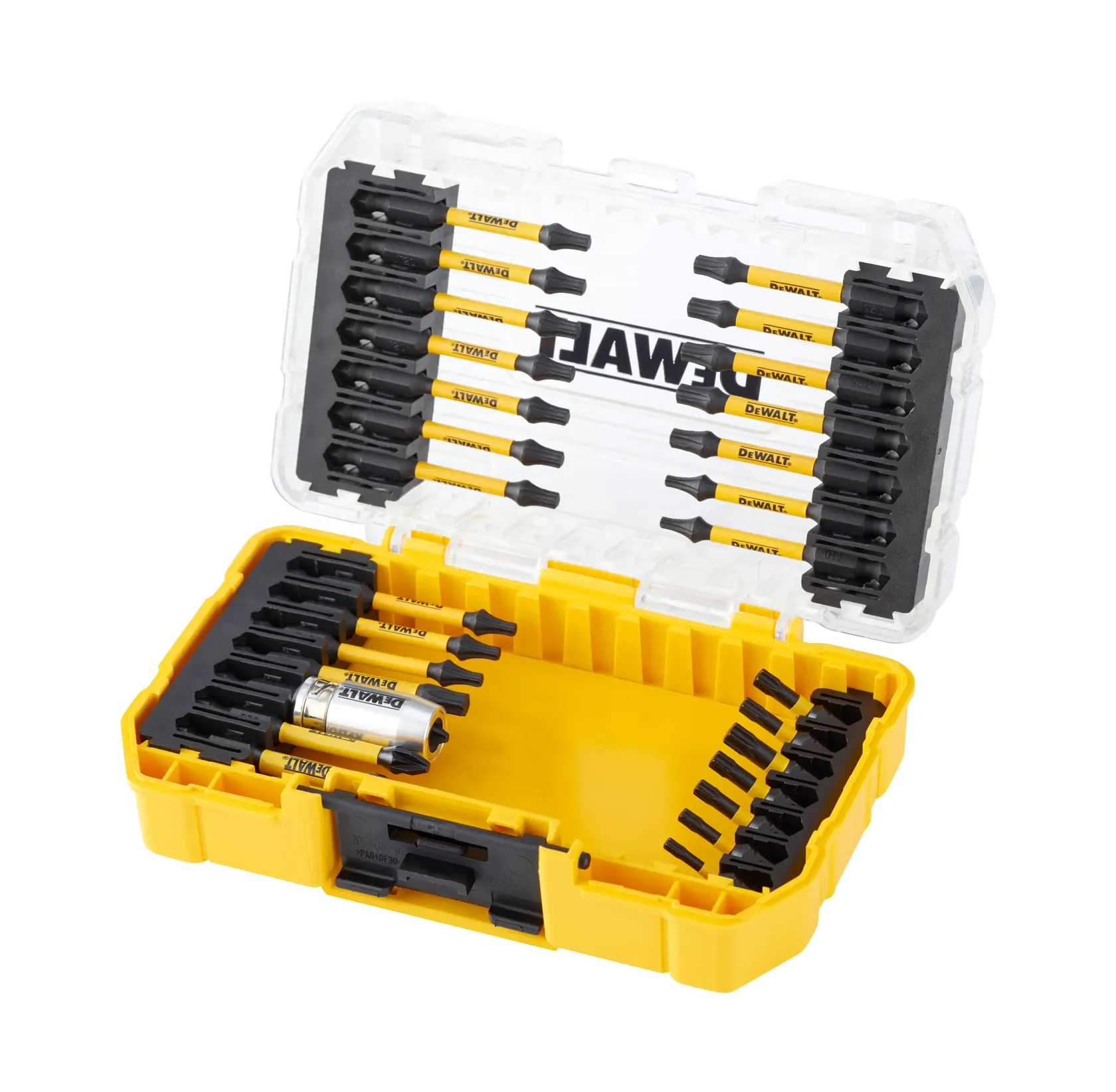 DEWALT DT70734T gelbe Box mit sortierten Schrauberbits, klarer Deckel, schwarze Halterung.
