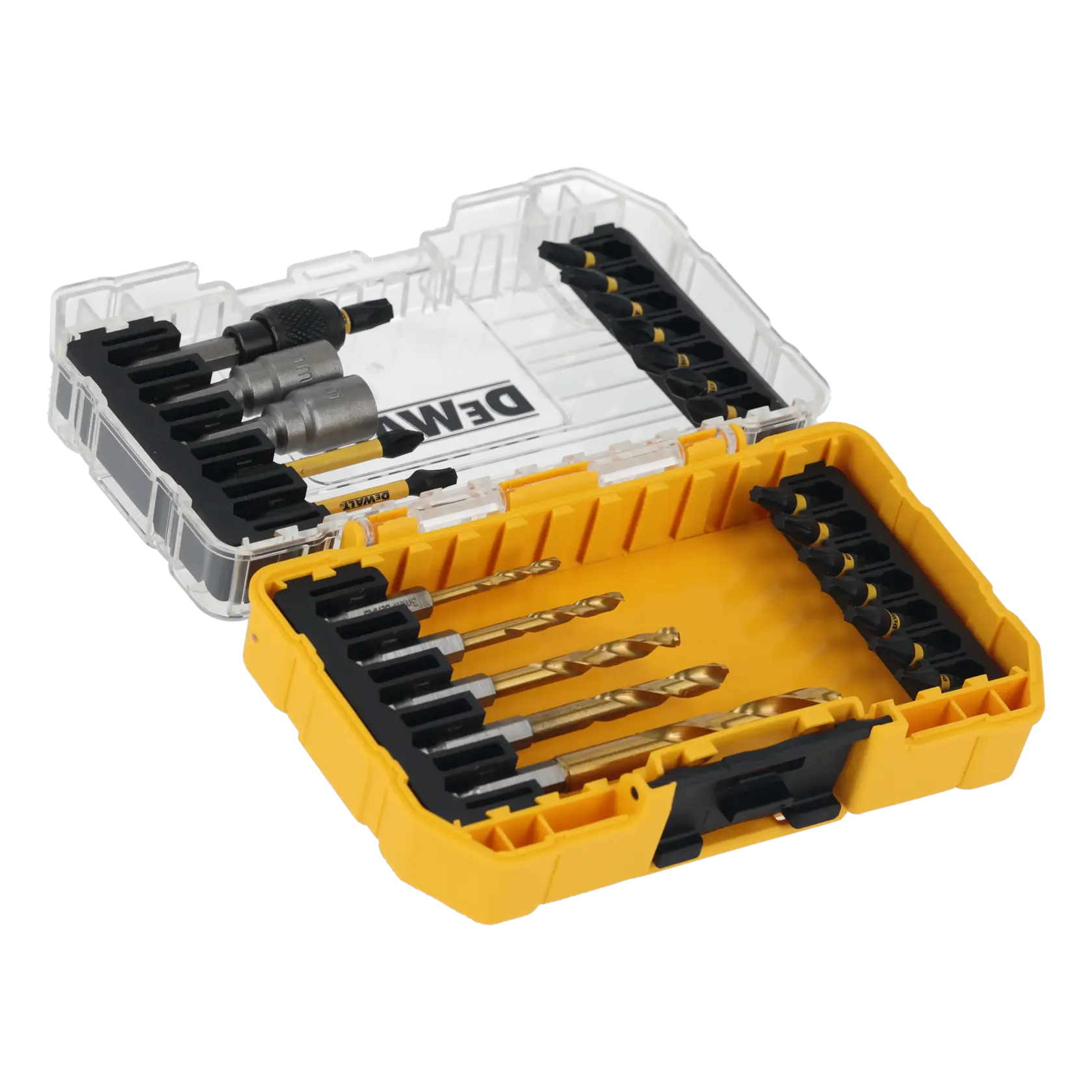DEWALT Bohrer- und Bit-Set in einem gelben, transparenten Kunststoffkasten, übersichtlich sortiert.