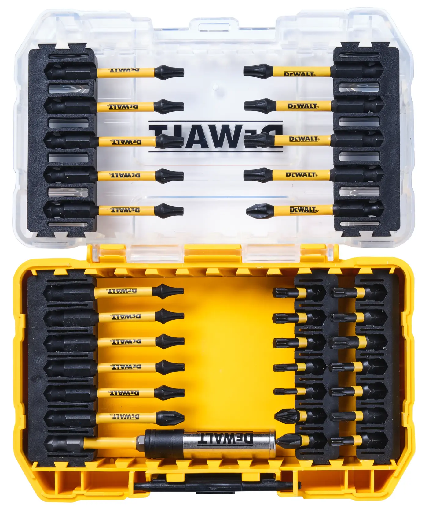 DEWALT gelb-schwarze Box mit verschiedenen Schrauberbits und Bit-Halter, ordentlich sortiert.