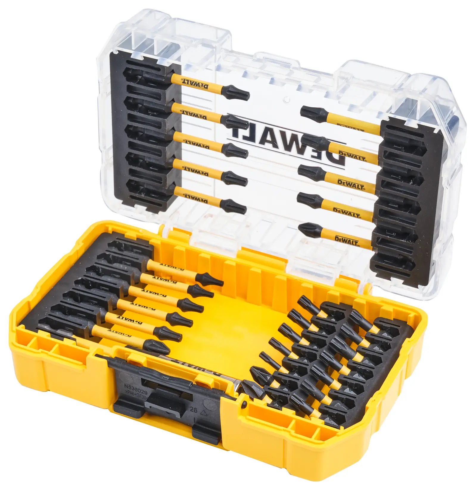 Gelbes DEWALT-Etui mit verschiedenen Schrauberbits, ordentlich sortiert.