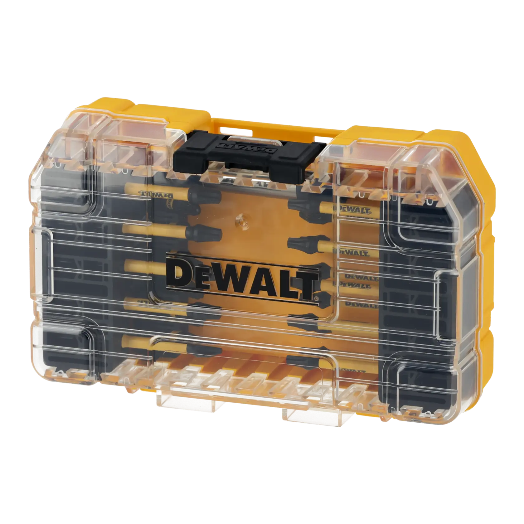 Gelbe, transparente DEWALT Box mit Bohrbits und DEWALT Logo auf der Vorderseite.