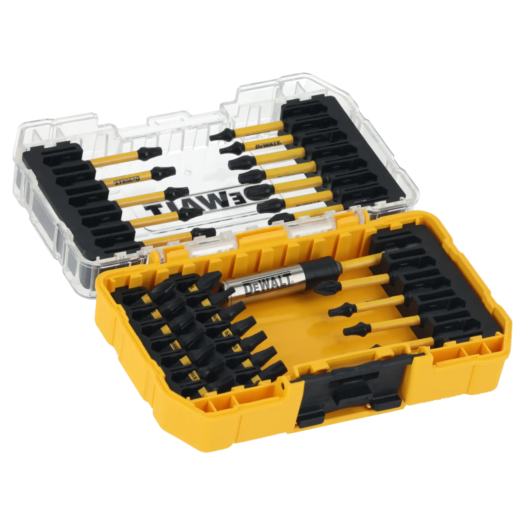 DEWALT gelbe Box mit Schrauberbits und Halter, ordentlich sortiert zur Aufbewahrung und zum Transport.