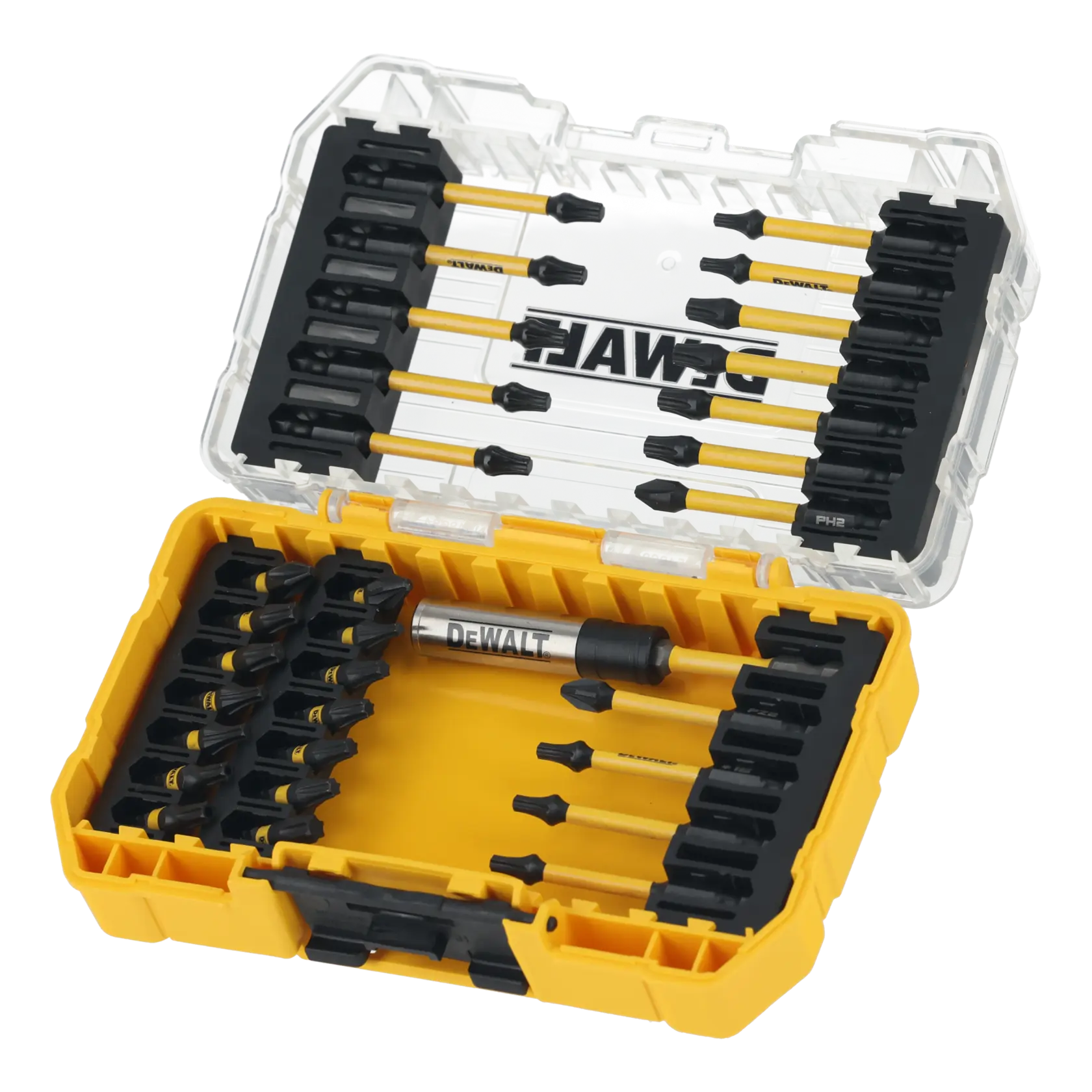 DEWALT DT70745T Bohr- und Schraubbits-Set in offenem gelbem Kunststoffgehäuse mit Fächern.