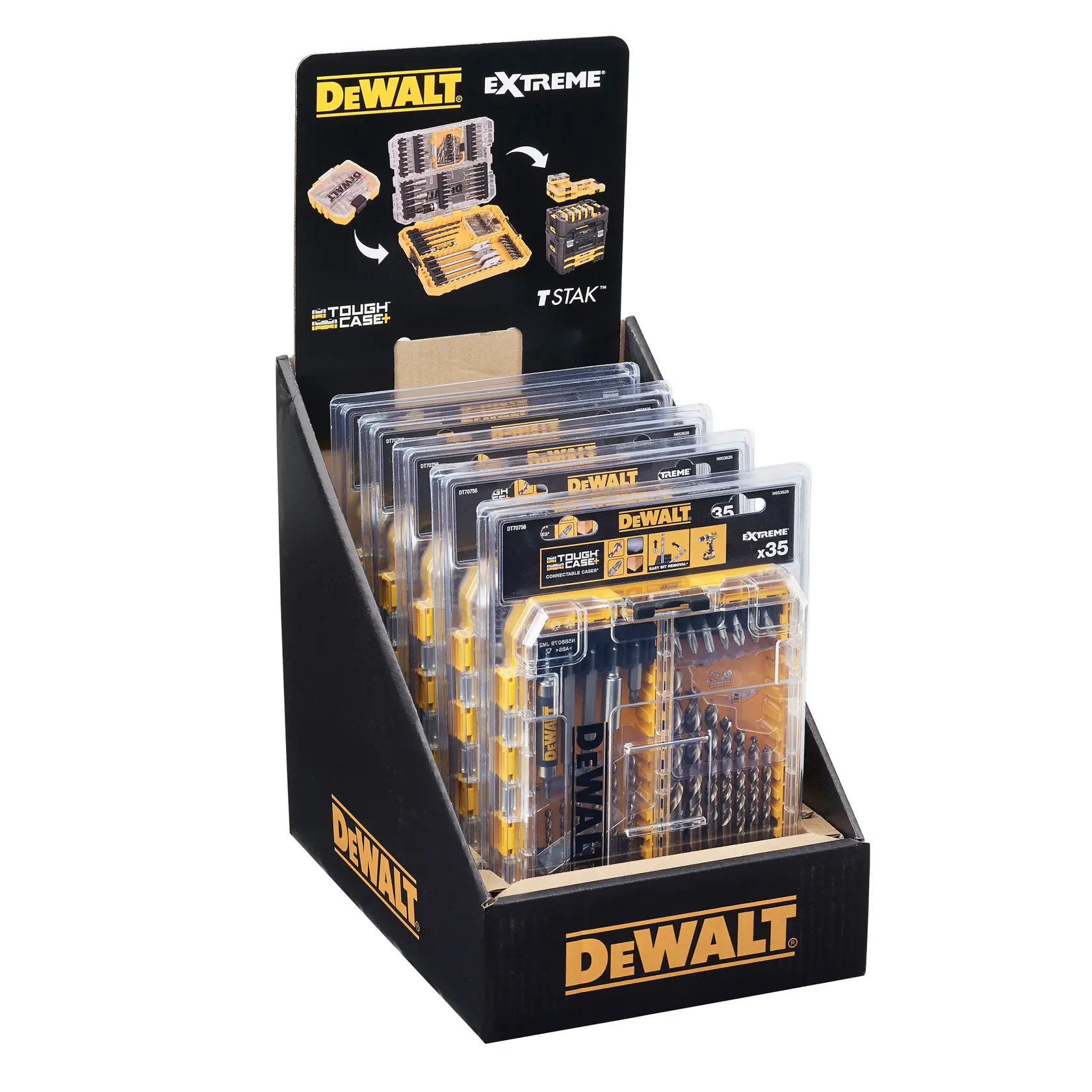 Grafik mit DEWALT XTREME Sub-Compact Series Branding und dem Slogan 'Kompakt und leistungsstark' auf gelbem Hintergrund.