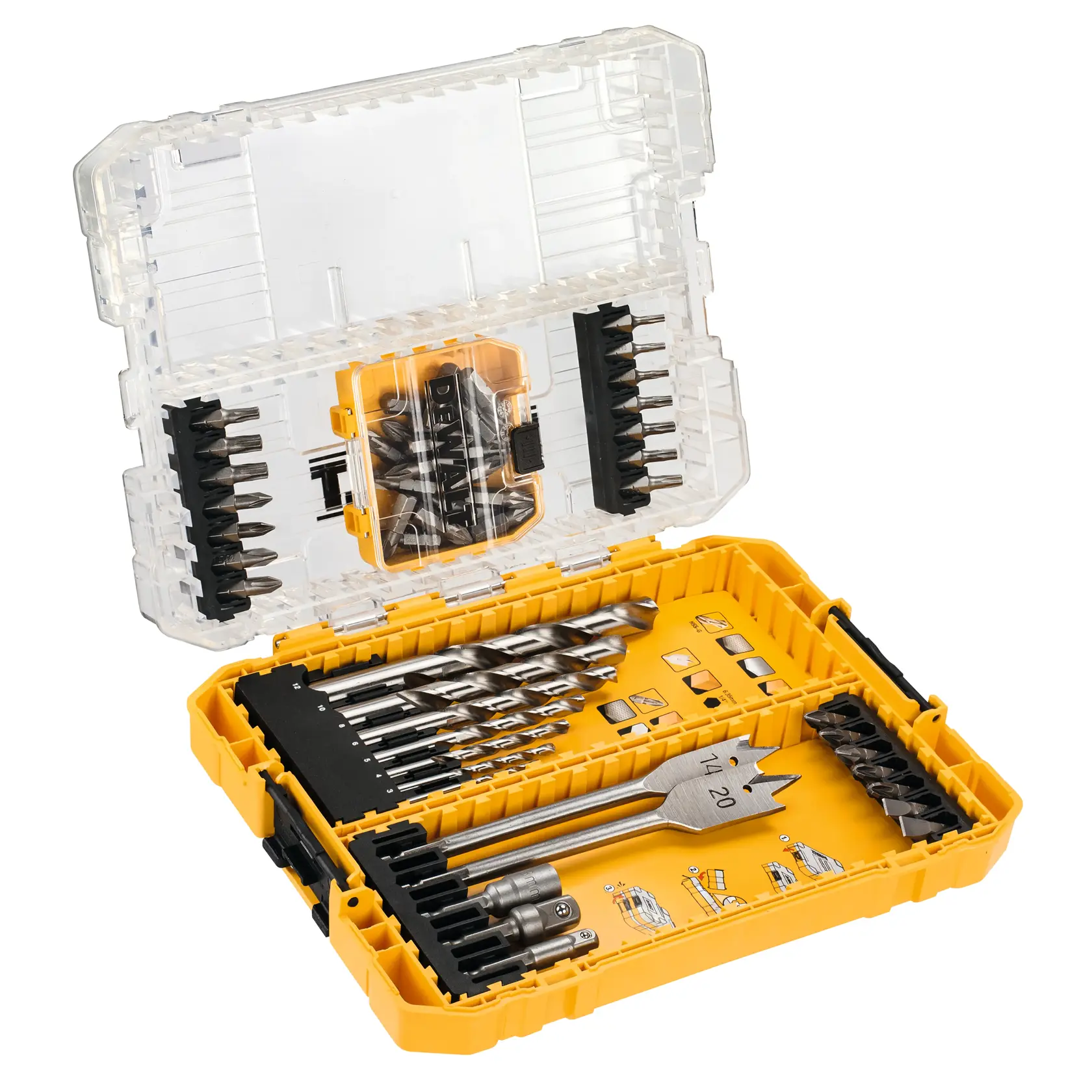 DEWALT gelbes Bohr- und Schraubenset in offener Kunststoffbox mit verschiedenen Bits und Zubehör.