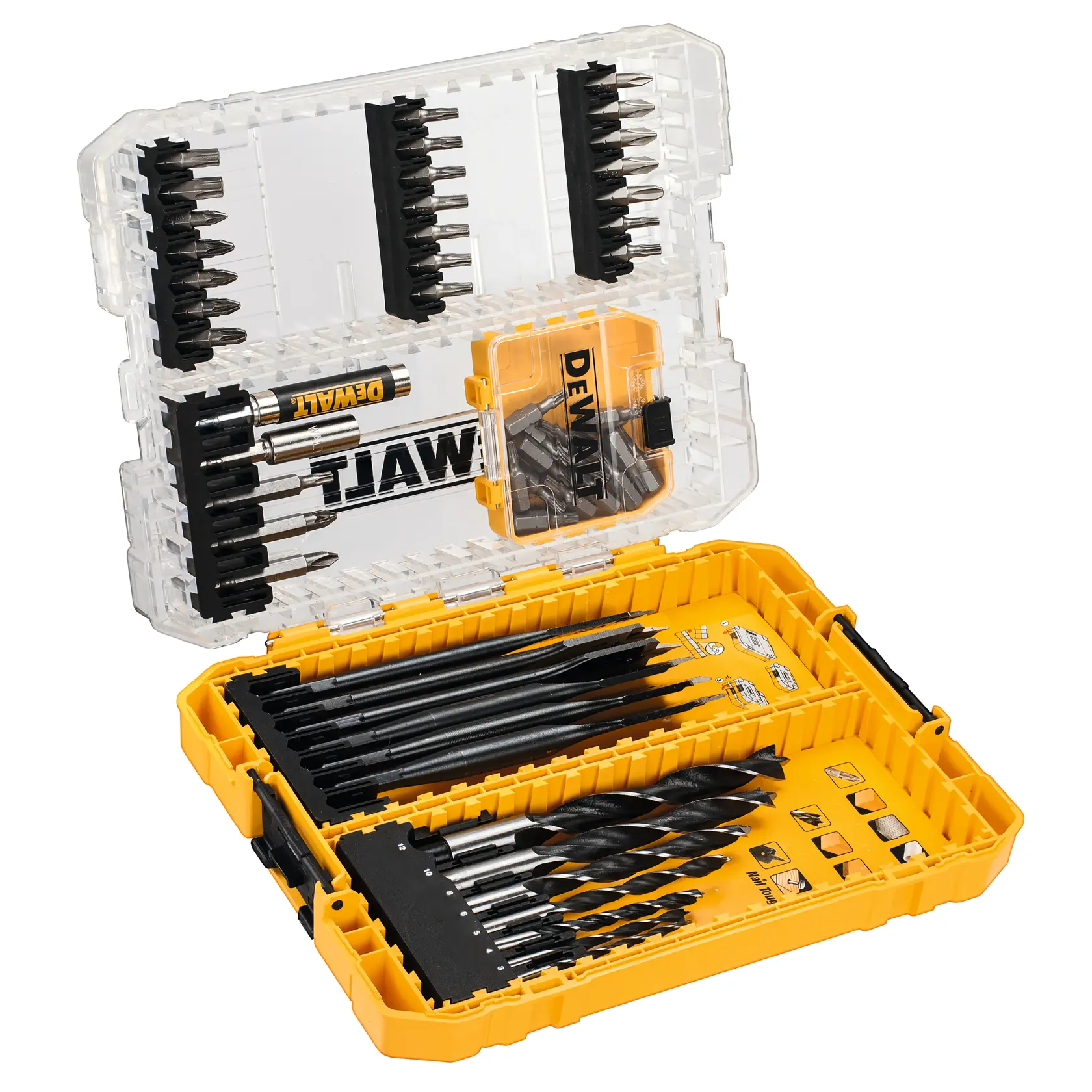 Juego de brocas y puntas DEWALT DT70758 en estuche amarillo y transparente, bien organizado.