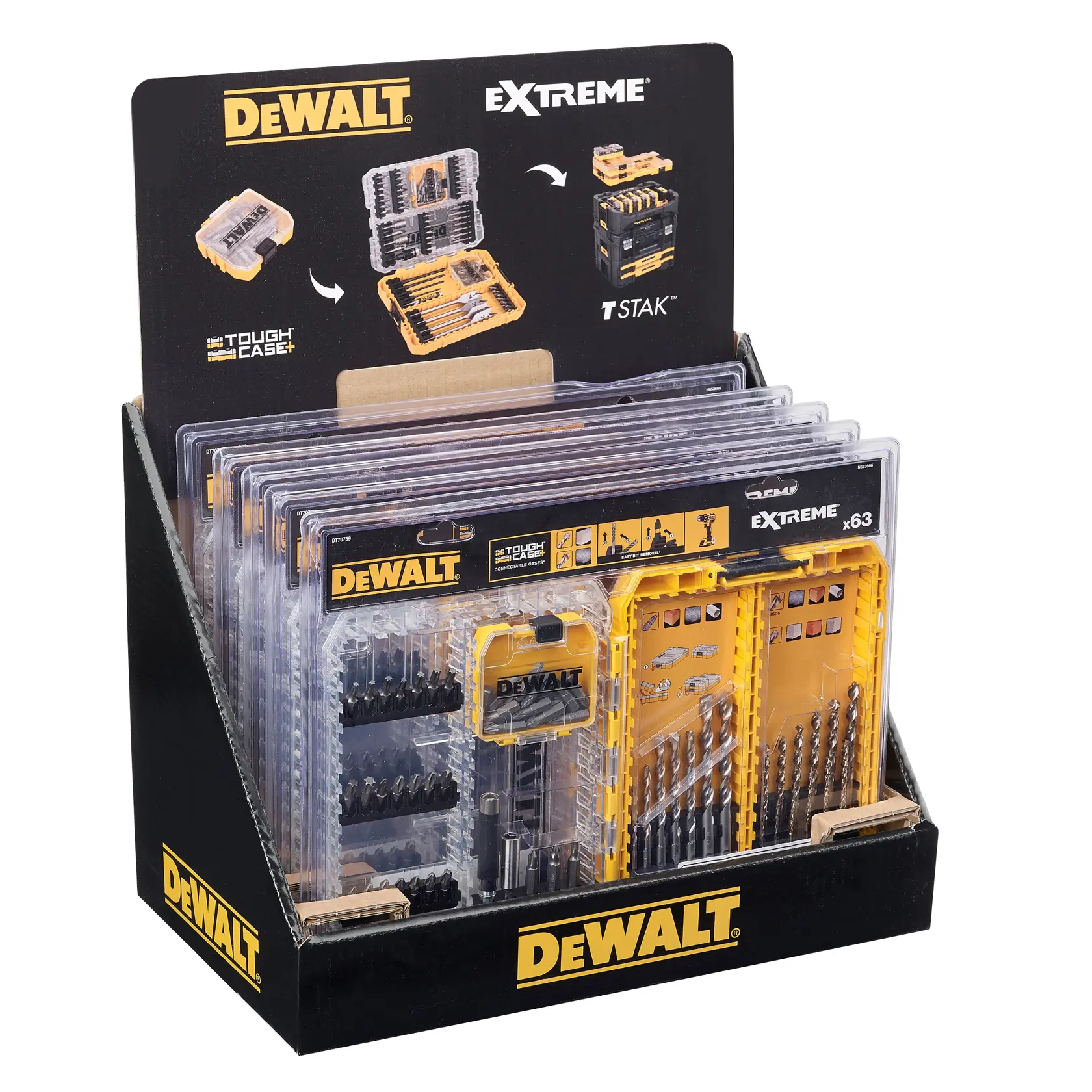 DEWALT Extreme Bohr- und Bit-Set Display in Schwarz-Gelb. Mehrere Sets in transparenten Boxen sichtbar.