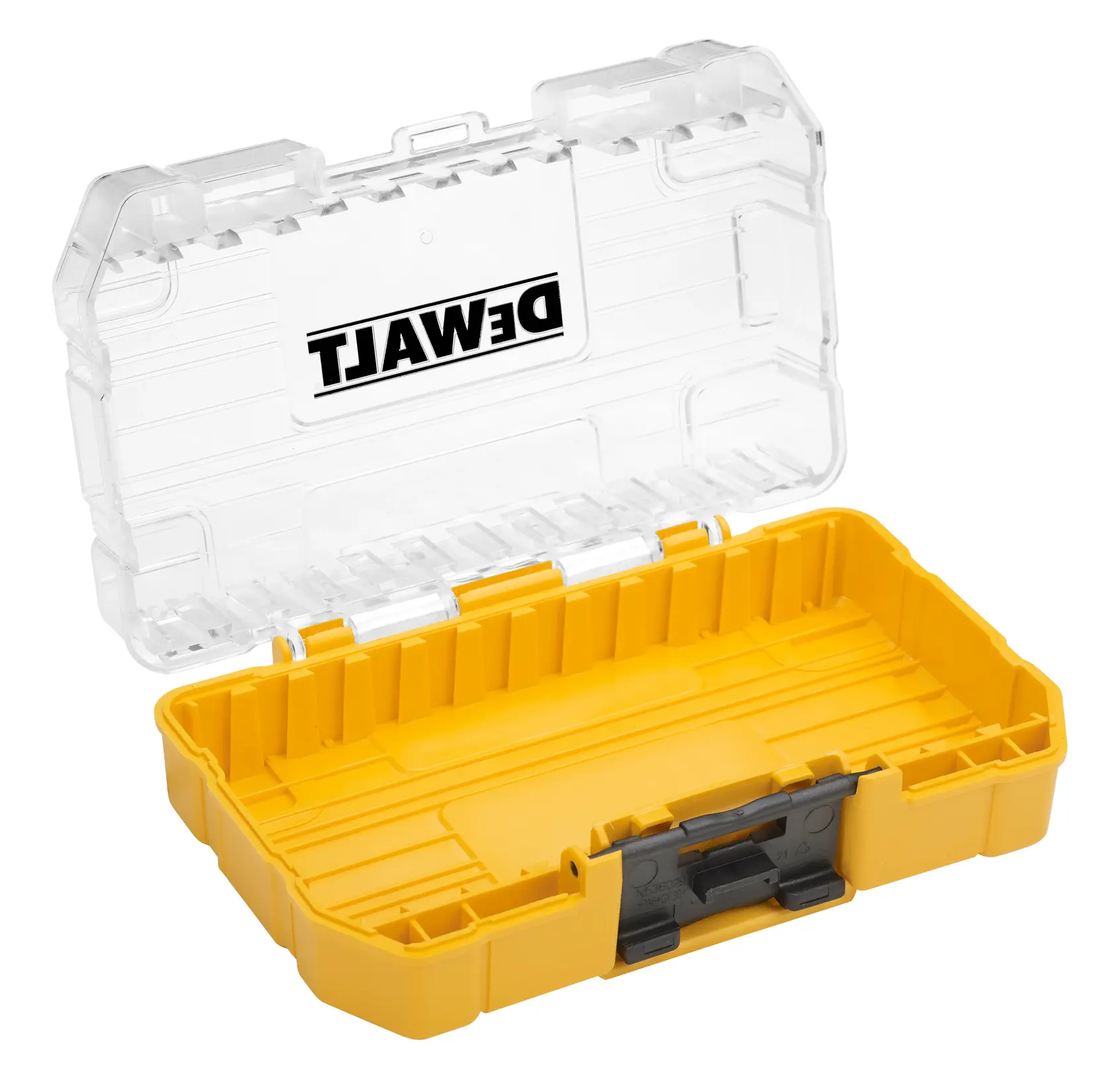 Offene, leere DEWALT gelbe Aufbewahrungsbox mit Klarsichtdeckel, ideal für kleine Werkzeuge oder Zubehör.