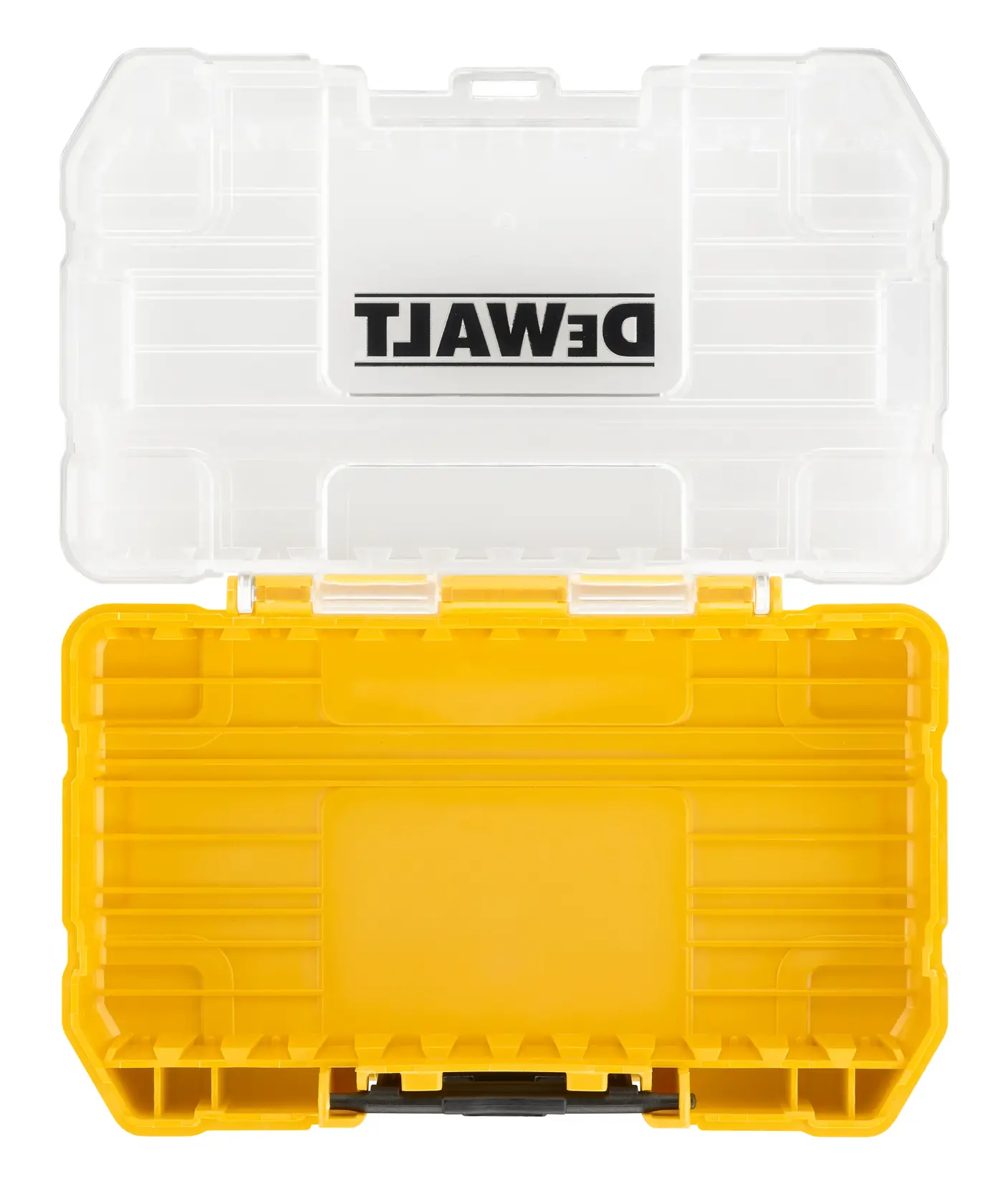 Offene DEWALT Aufbewahrungsbox aus gelbem und klarem Kunststoff für Werkzeuge, von oben gesehen.