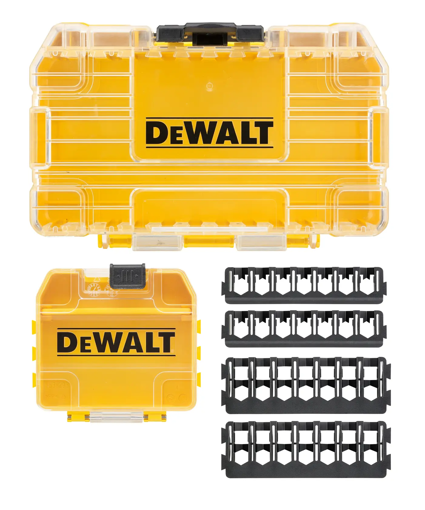 Boîtes de rangement DEWALT jaunes avec couvercles transparents et plateaux noirs, présentées en photo.