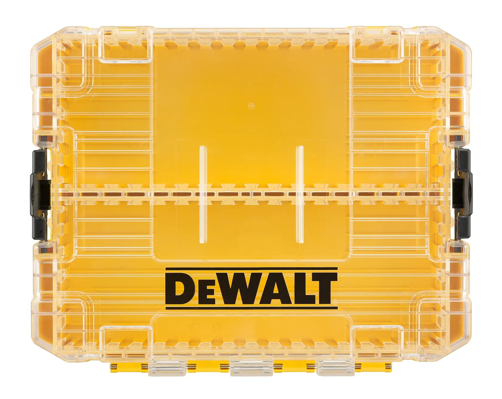 Gelbe DEWALT Aufbewahrungsbox mit Klarsichtdeckel und schwarzen Seitenverschlüssen für Kleinteile oder Werkzeuge.