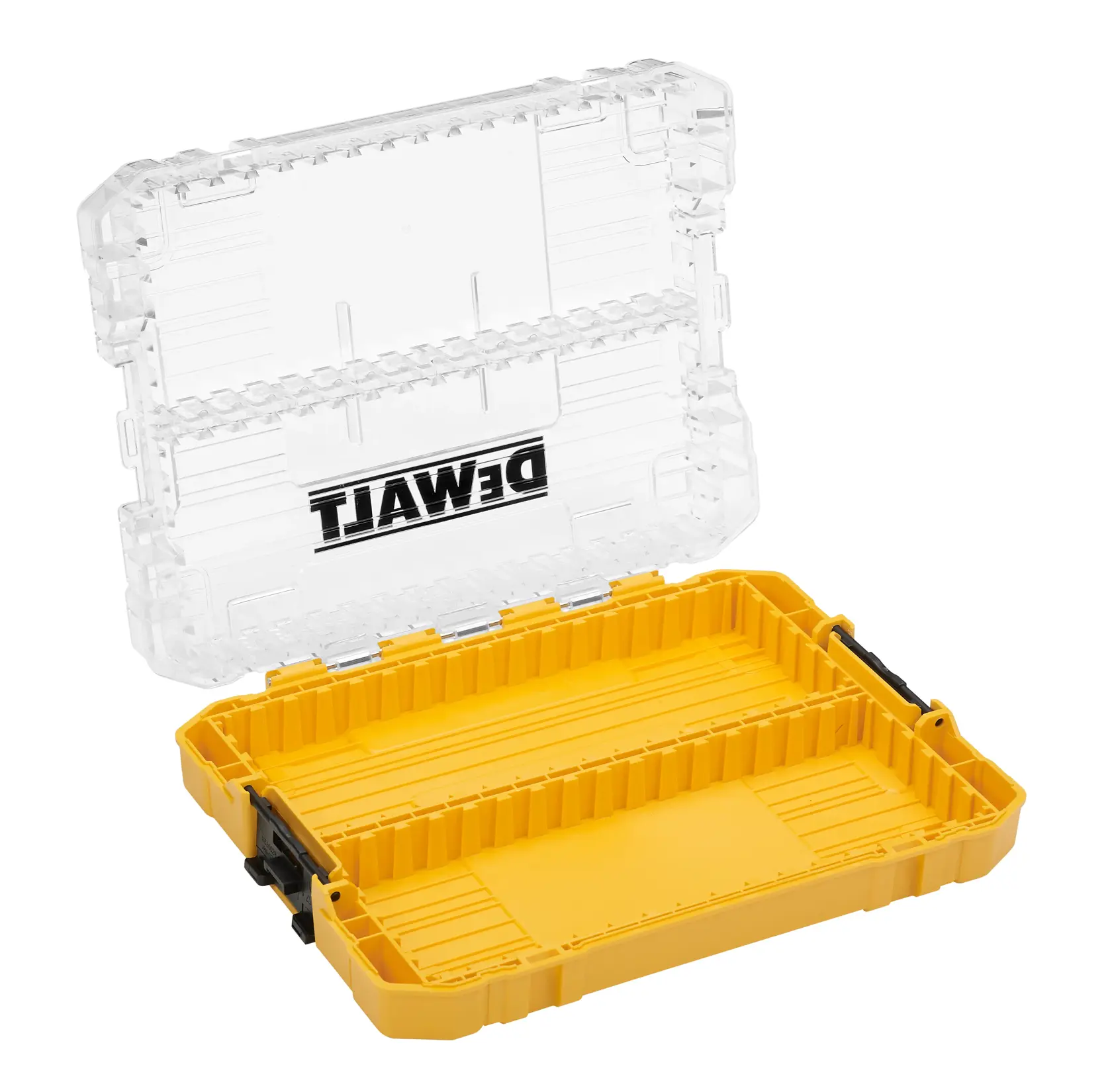 Offene DEWALT gelbe Aufbewahrungsbox mit Klarsichtdeckel, leer, bereit für Werkzeug oder Zubehör.
