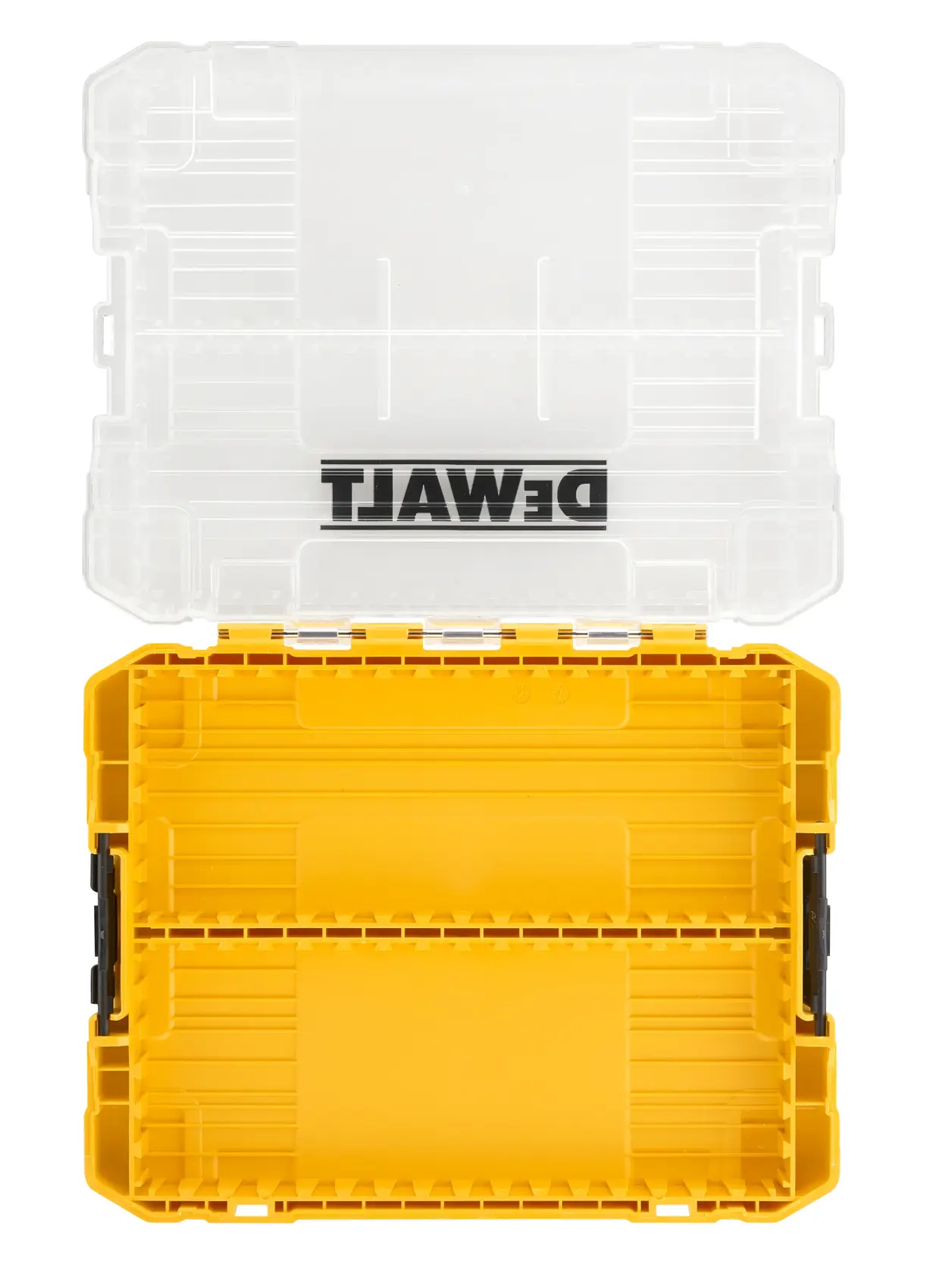 Offene DEWALT Aufbewahrungsbox aus gelbem und klarem Kunststoff mit Innenfächern.