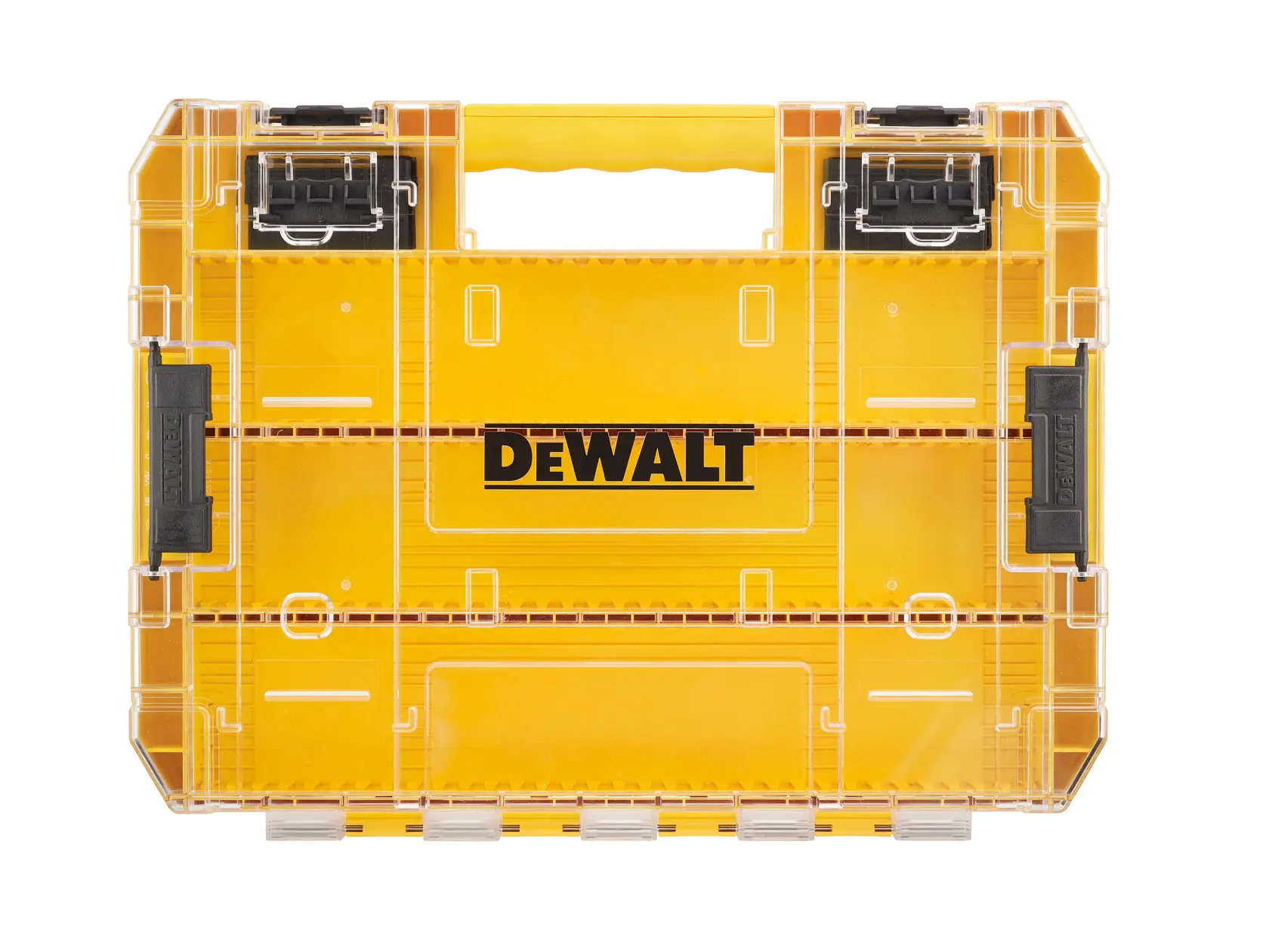 Boîte à outils DEWALT jaune en plastique, couvercle transparent et loquets noirs, vue de face.
