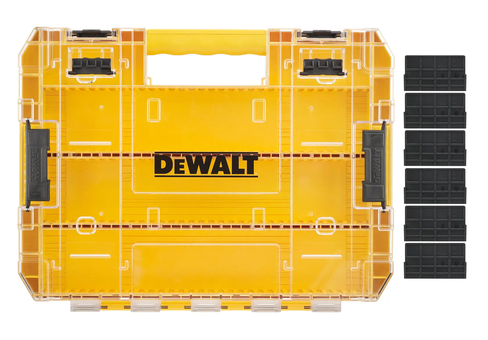 Gelbe DEWALT-Aufbewahrungsbox mit Griff und abnehmbaren schwarzen Trennwänden, von oben aufgenommen.
