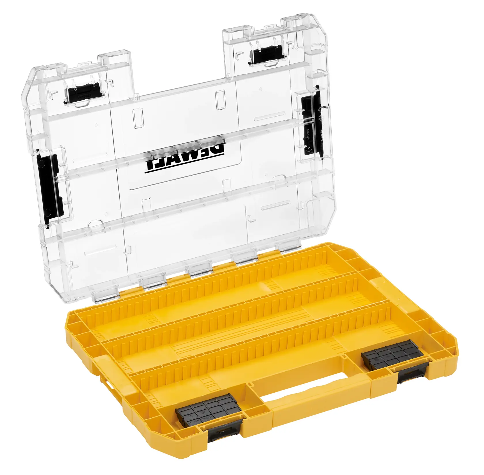 Geöffnete gelbe DEWALT Organizerbox aus Kunststoff mit Klarsichtdeckel für Zubehör und Werkzeuge.