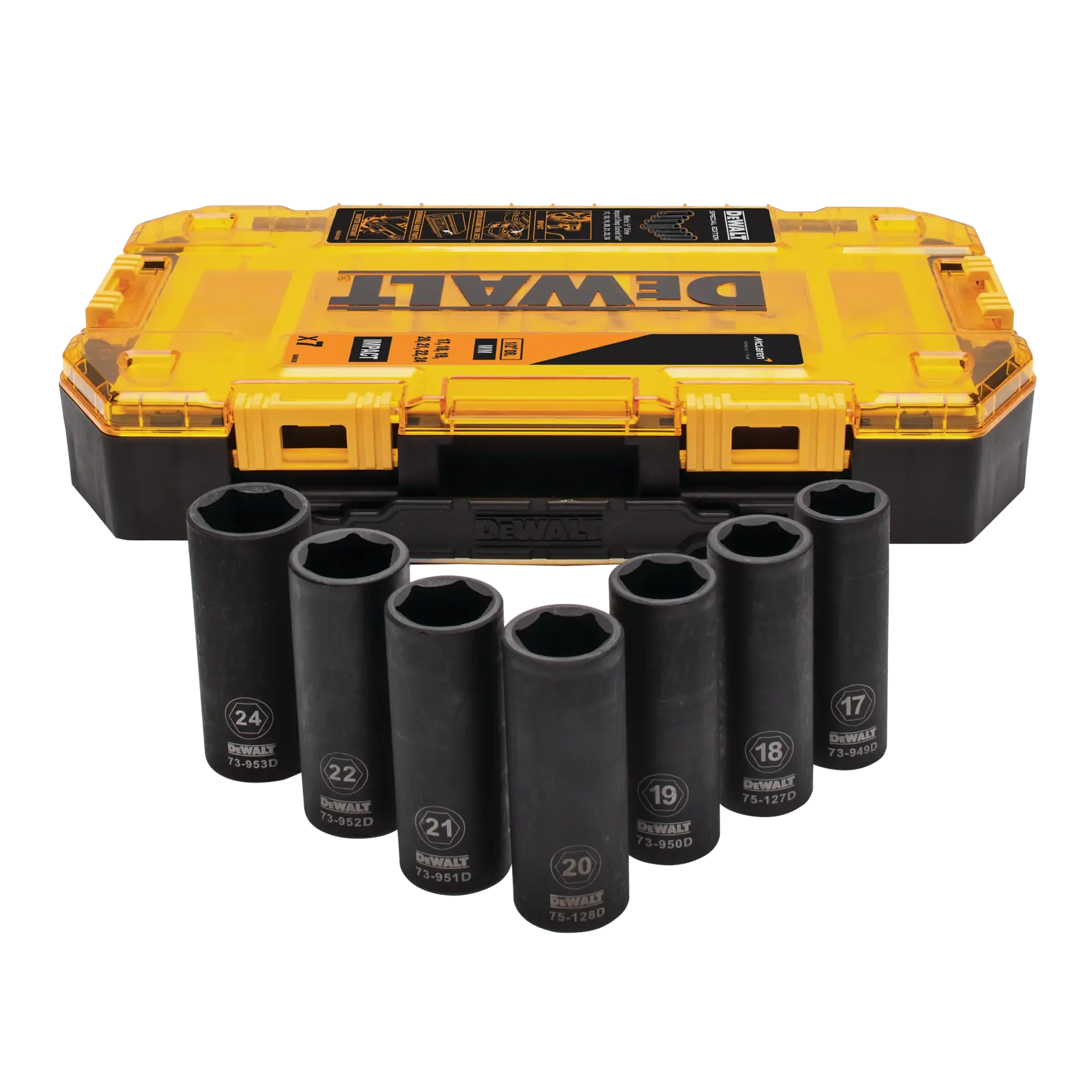 DEWALT DT70905-QZ, DT70905 juego de vasos con caja amarilla. Vasos al frente. Categoría fotografía.