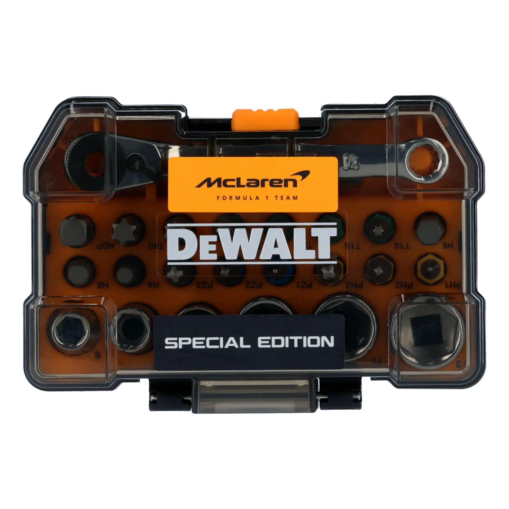 Un juego de herramientas DEWALT Edición Especial McLaren Formula 1 Team, presentado en una caja de plástico transparente con