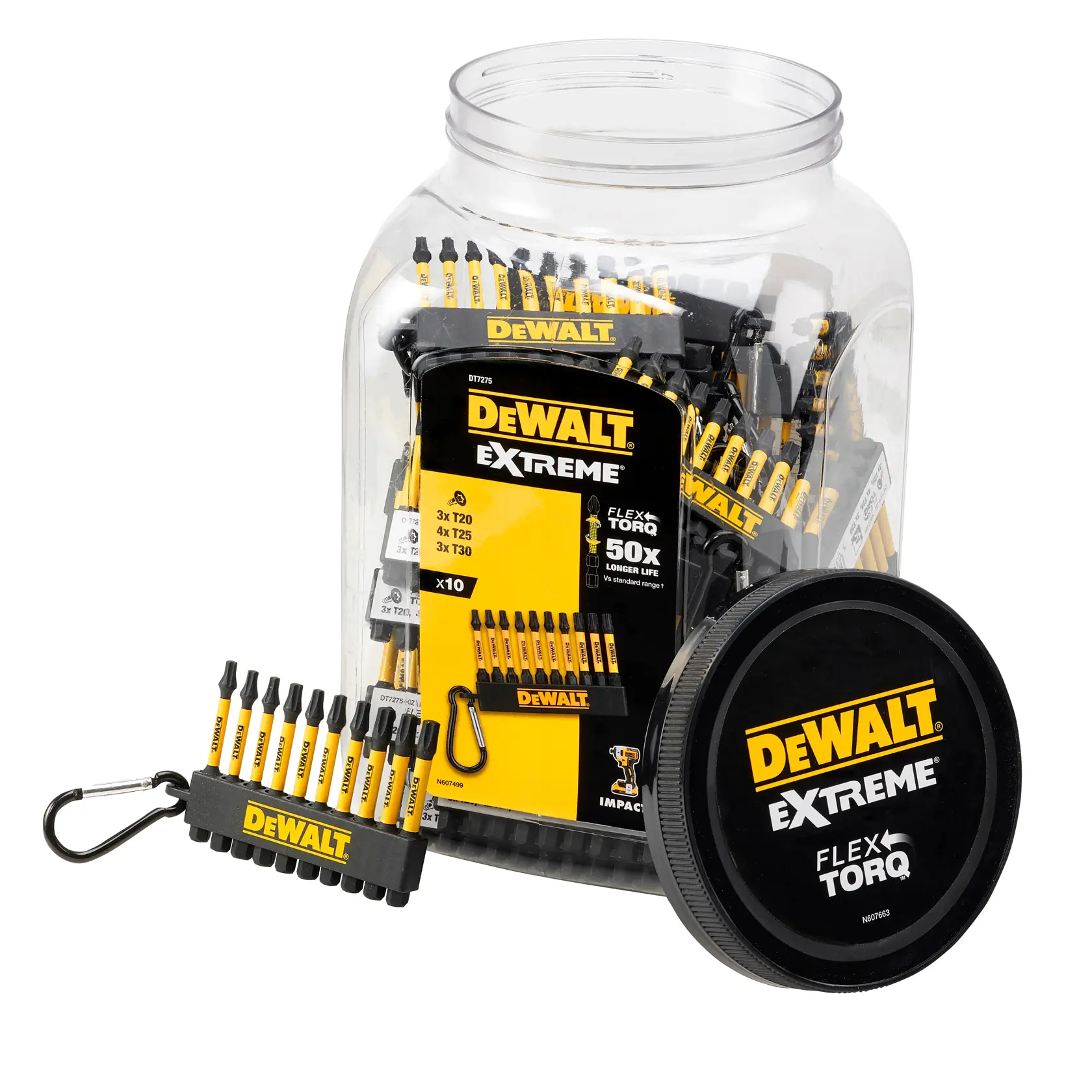 DEWALT DT7275 Extreme FlexTorq Bitset im Glas, enthält zehn gelb-schwarze Schrauberbits.