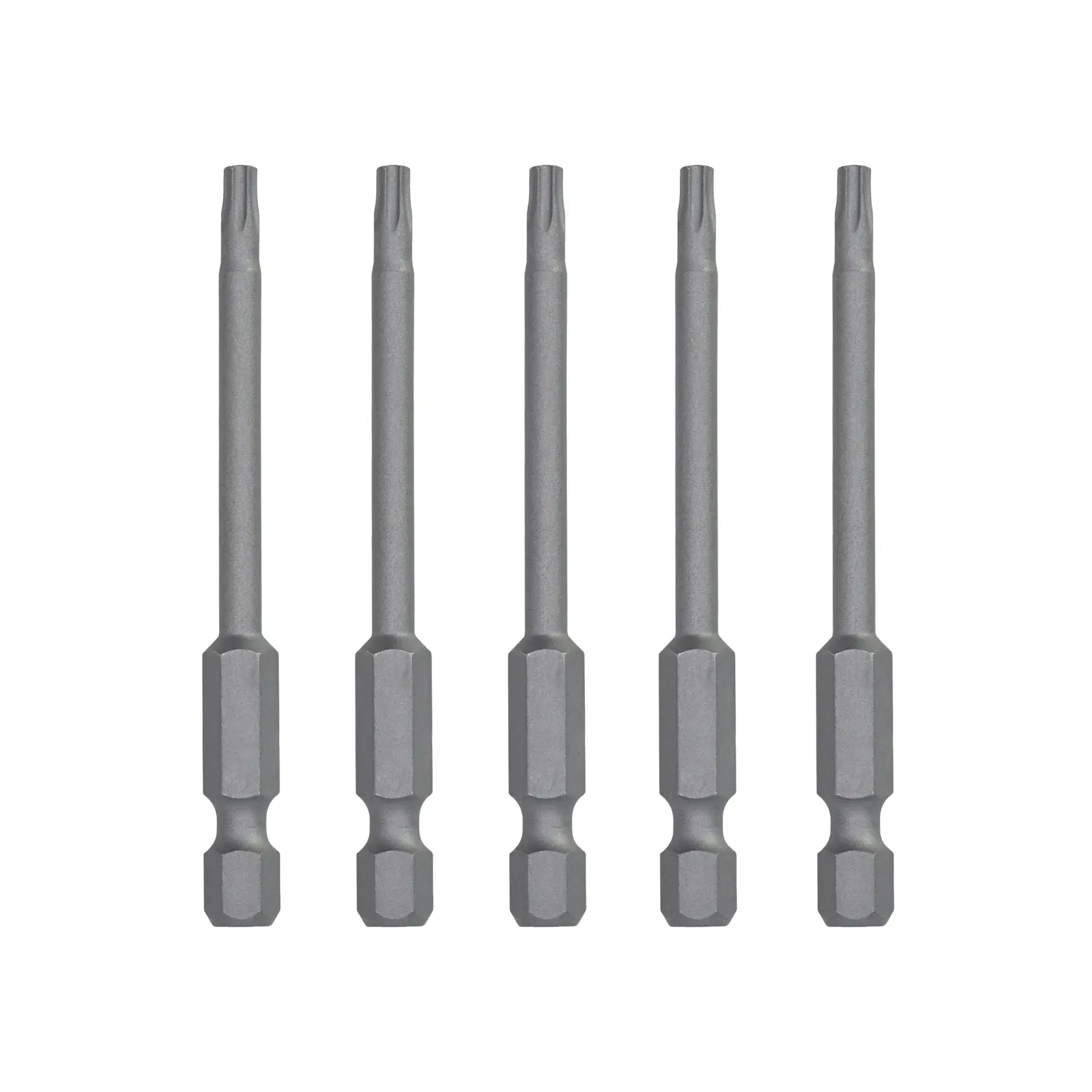 Fünf DEWALT DT7290 Schrauberbits stehen vertikal nebeneinander auf weißem Hintergrund.