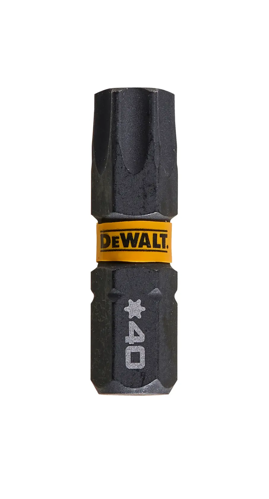 Punta de destornillador Torx DEWALT DT7373 con marca amarilla y T40, sobre fondo blanco.