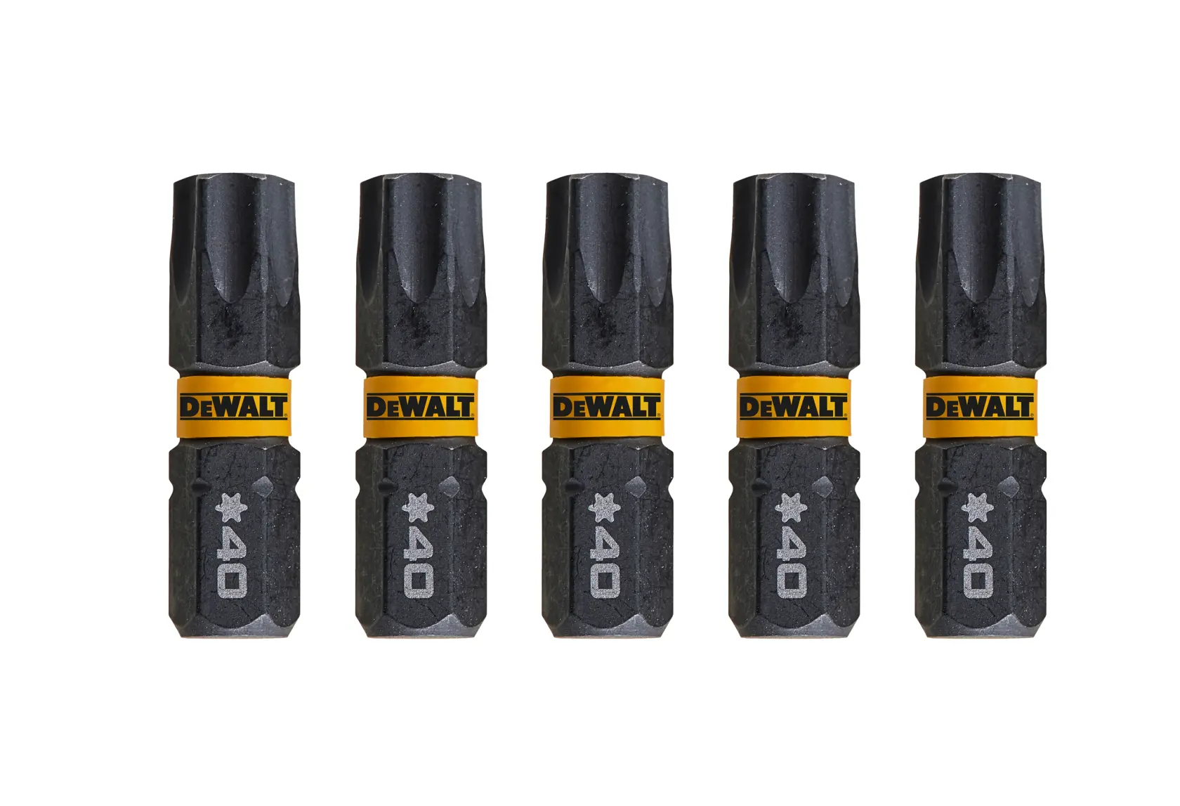 Cinco puntas de destornillador DEWALT DT7373 negras con banda amarilla, alineadas en fila.