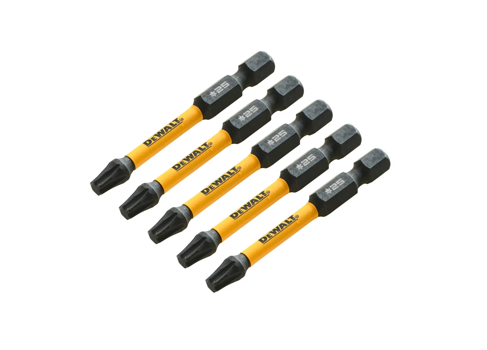 Juego de cinco puntas de destornillador DEWALT amarillas con puntas negras y extremos hexagonales, en diagonal.