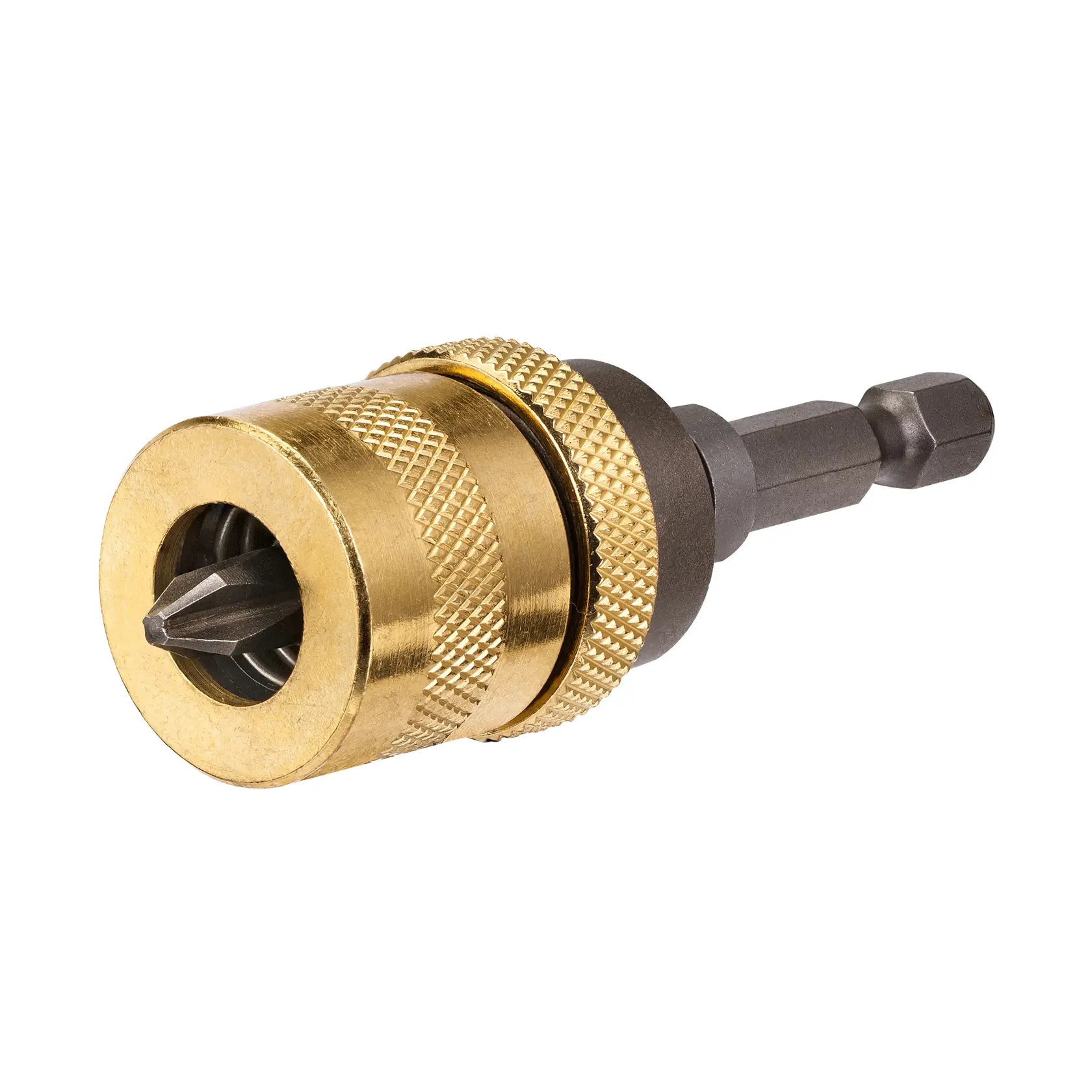 Nahaufnahme eines goldenen DEWALT DT7521 Bohrbit-Halters mit eingesetztem schwarzen Bit.
