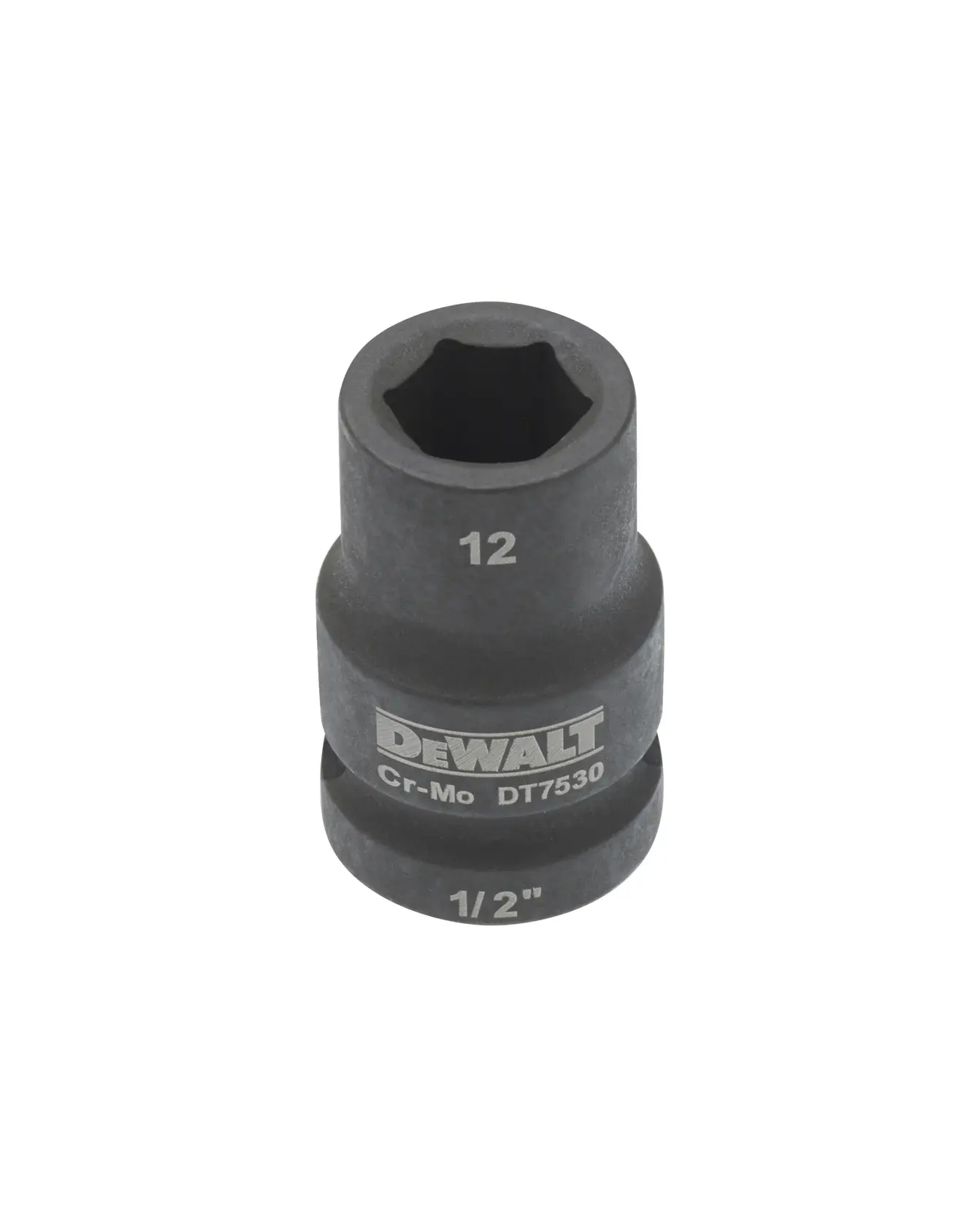 Douille à choc DEWALT DT7530, entraînement 1/2 pouce, taille 12 mm, Cr-Mo, sur fond blanc.