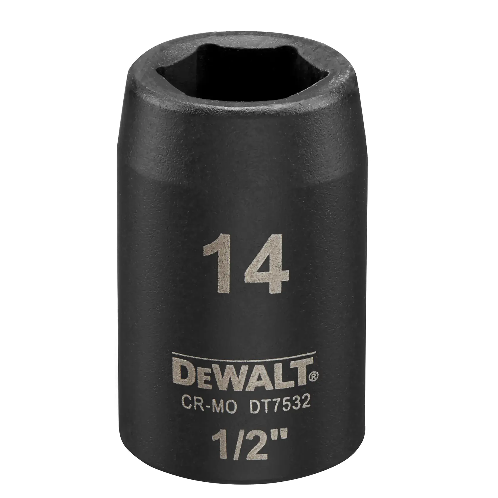 Douille à choc DEWALT DT7532 14mm, noire, taille d'entraînement 1/2 pouce visible devant.