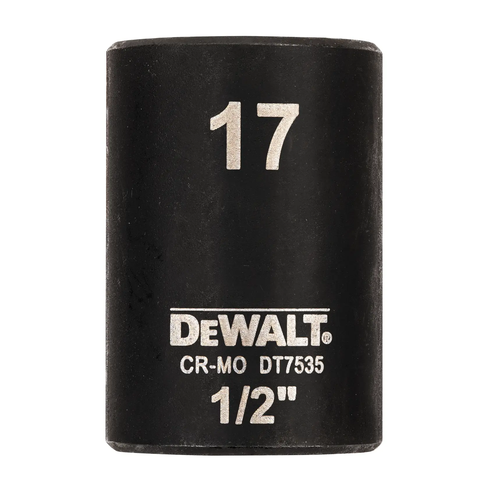 Douille noire DEWALT DT7535 17mm 1/2 pouce pour outils à choc, marquages blancs visibles.