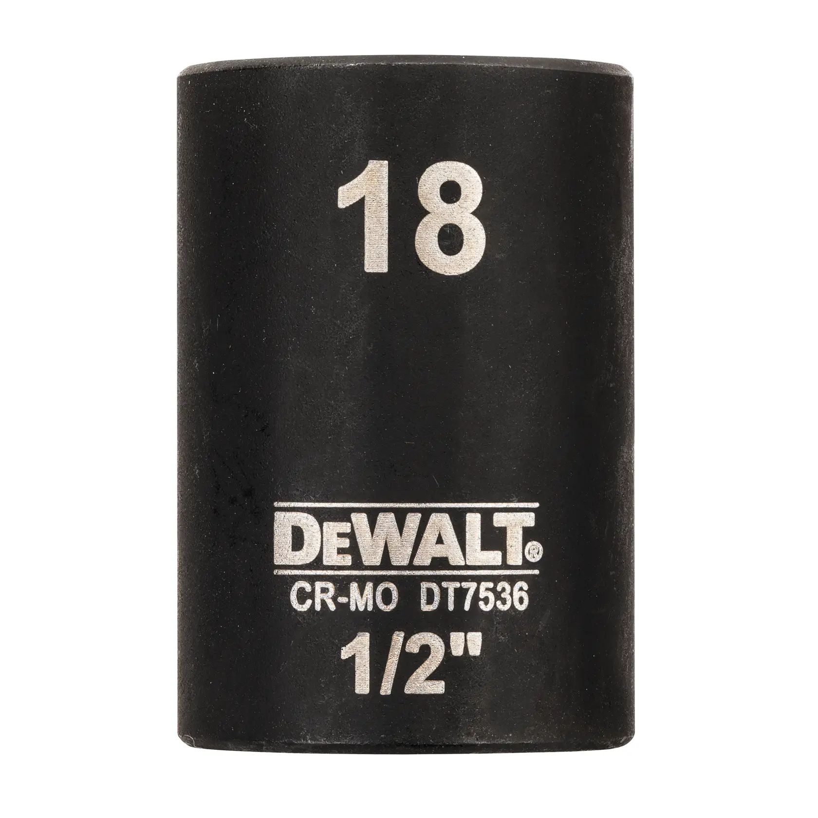 Douille à percussion DEWALT DT7536 18mm 1/2 pouce, noire, avec gravures blanches.