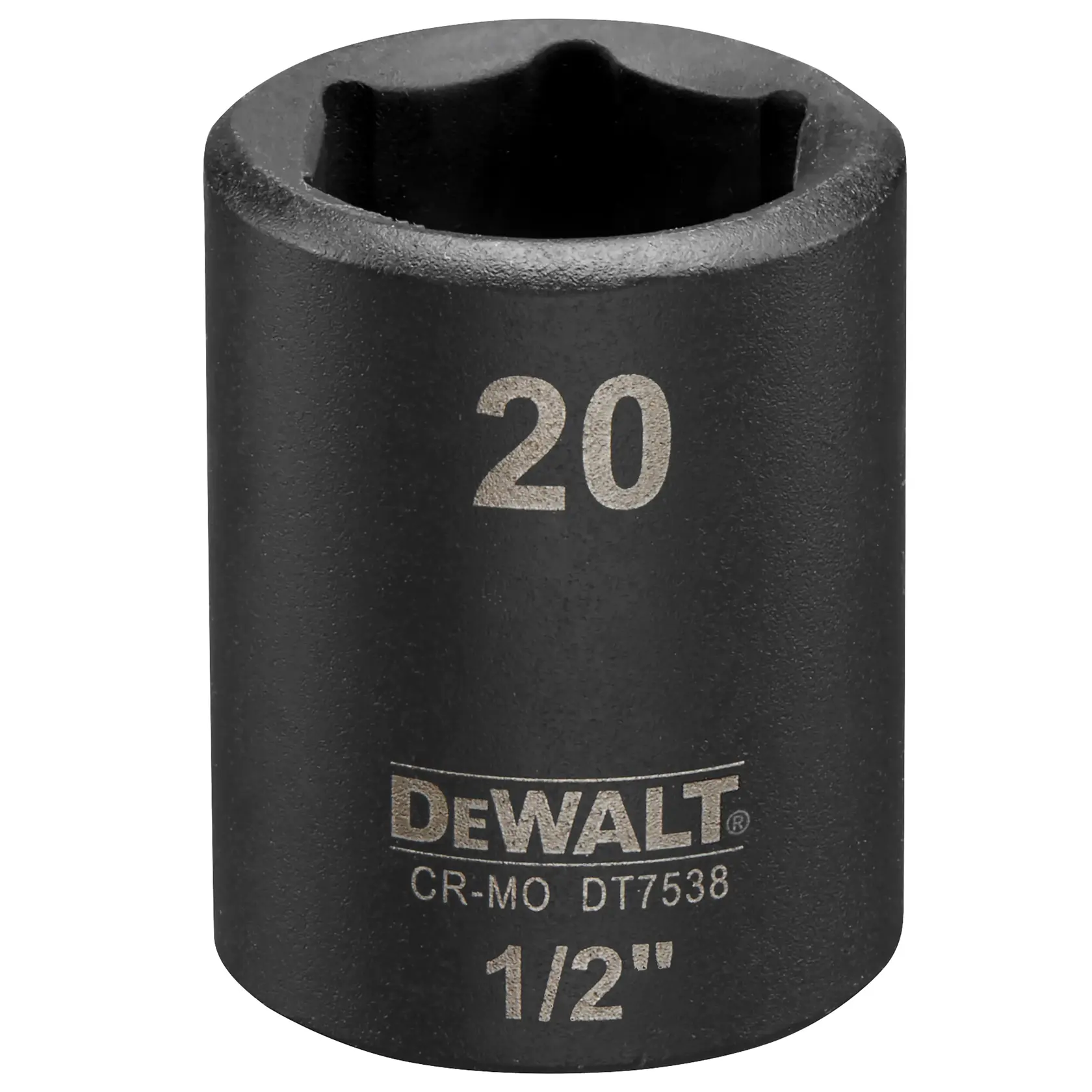 Douille à choc DEWALT DT7538 20mm noire, avec marquage taille d'entraînement 1/2 pouce.