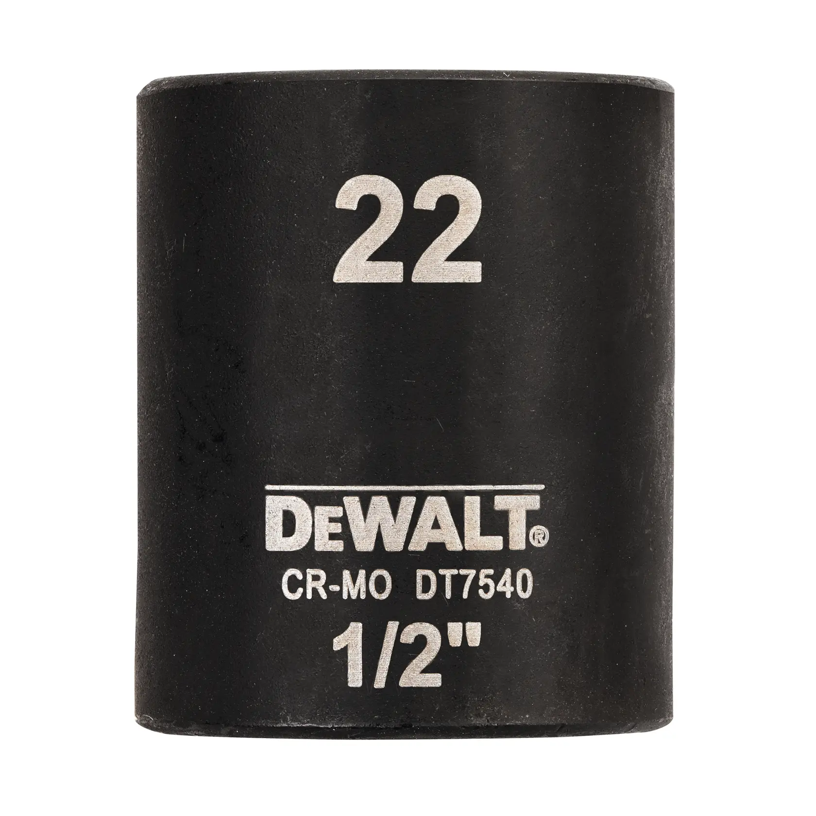 Douille DEWALT DT7540 1/2 pouce, taille 22, acier CR-MO, forme cylindrique noire.