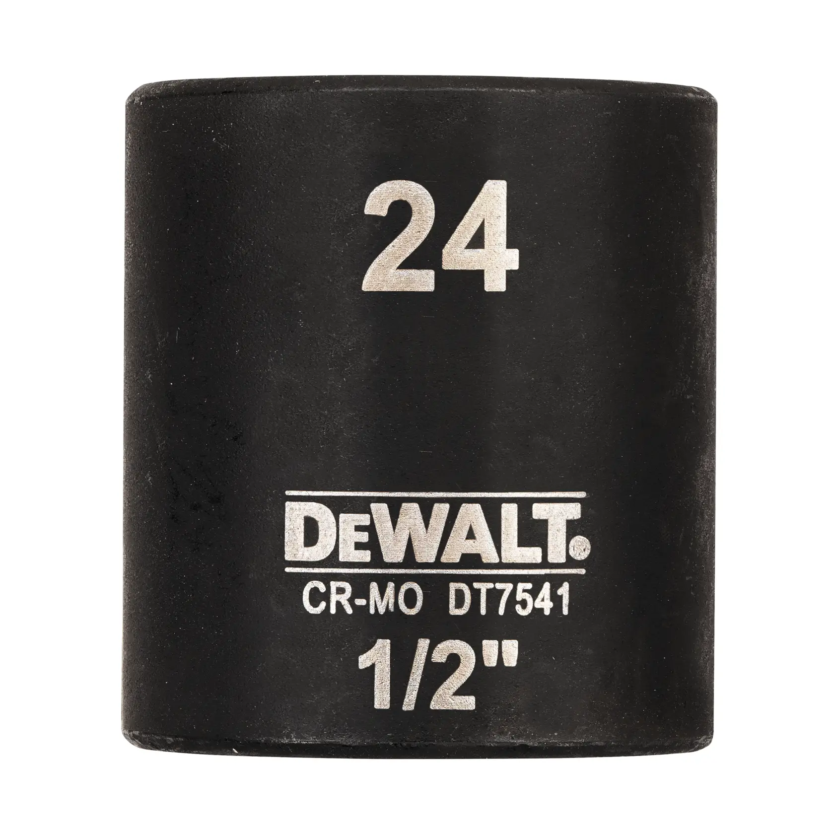 Douille à choc DEWALT DT7541 24 mm 1/2 pouce, outil cylindrique noir, avec les spécifications imprimées.