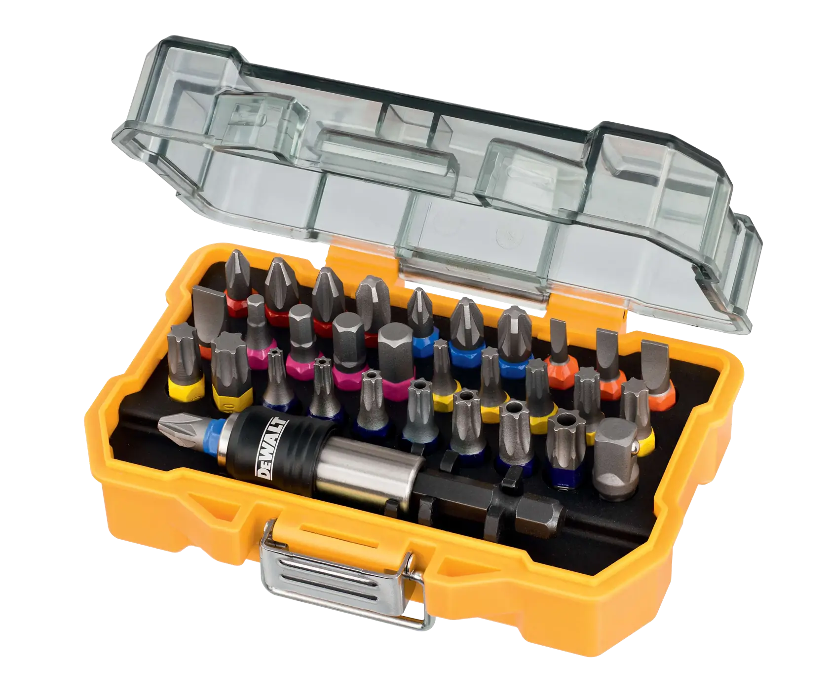 DEWALT Bit-Set im gelben Kasten mit verschiedenen Schrauberbits und Klarsichtdeckel.