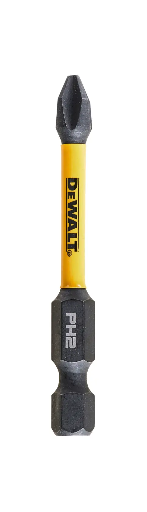 Embout de tournevis DEWALT PH2, tige jaune et extrémités noires sur fond blanc.