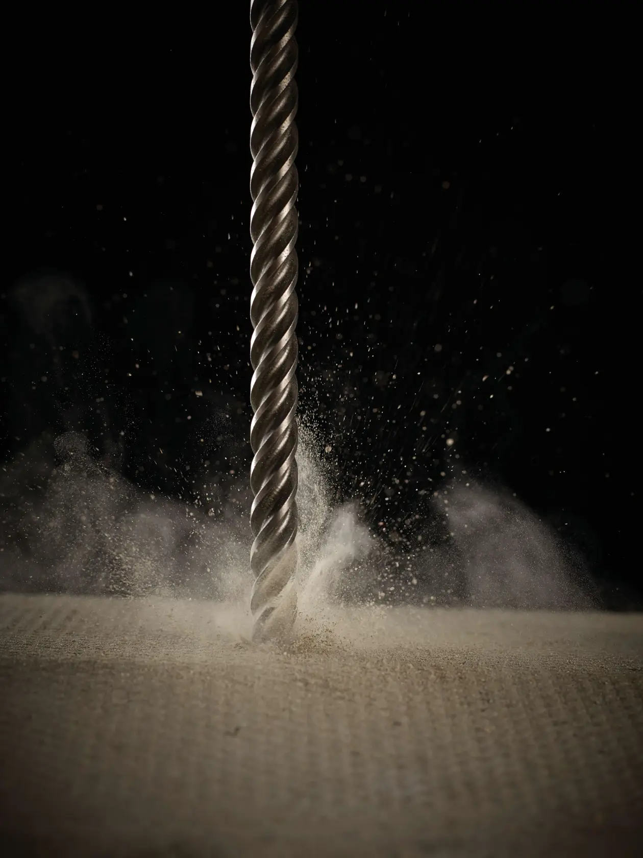 Broca metálica perforando superficie polvorienta, con partículas y polvo volando.
